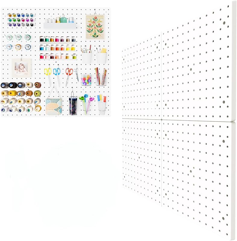 FZK Plastic Pegboard Wall Organizer Kit, 12x12, 4 Pack, White | Durable ABS material, compatible with 1/4"and 1/8" pegboad accessories, includes adhesive or drill installation accessories