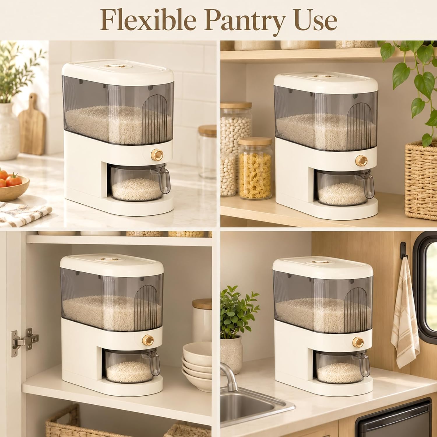 Varku Rice Container, Grain Storage Box with Measuring Cup, Press Button Dispenser, Clear Plastic Holder for Flour Beans Cereal, Pantry Kitchen