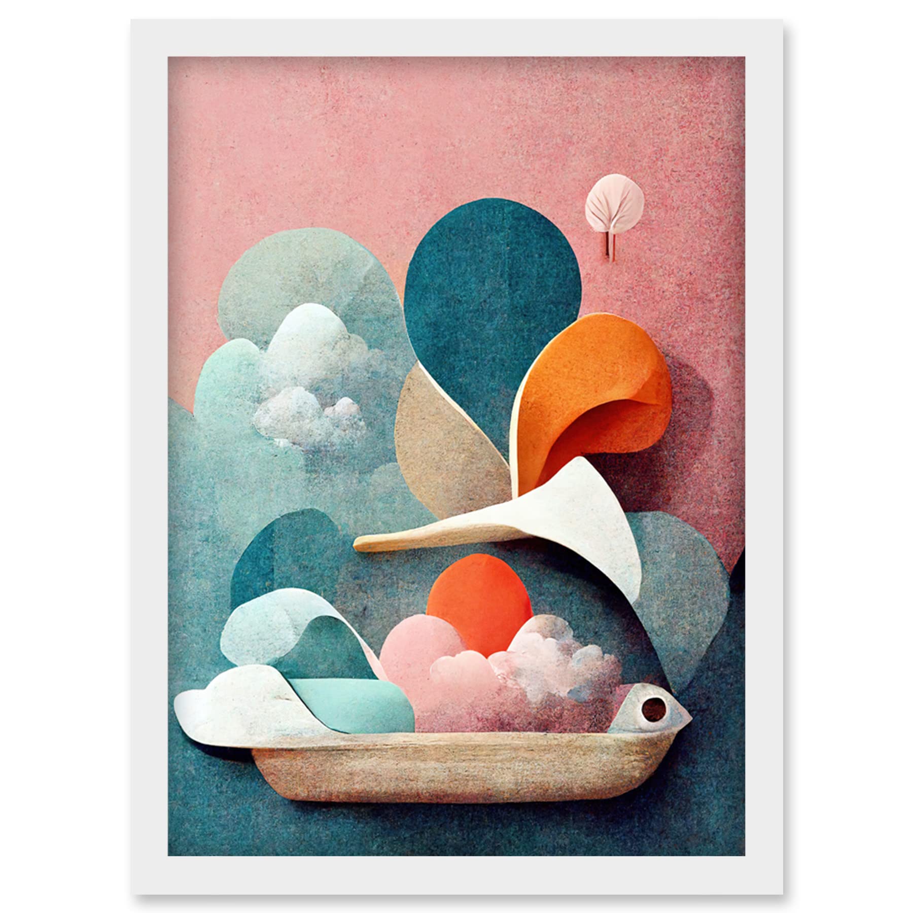 Doppelganger33 LTD Modern Boho Abstract Ship In Sky Clouds In Pastel Colours Toilet Artwork Framed Wall Art Print A4