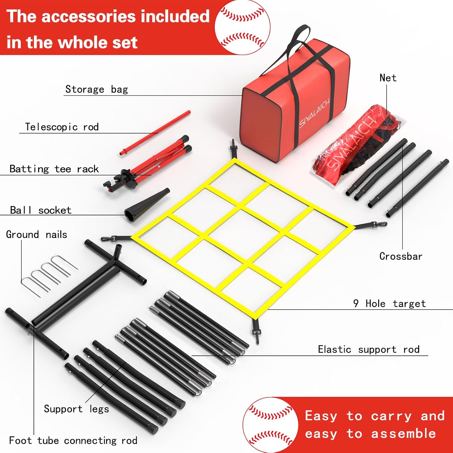 Portable Baseball and Softball Net, 7x7ft Hitting and Pitching Practice Net with Strike Zone, Includes Batting Tee, for Kids and Adults of All Skill Levels