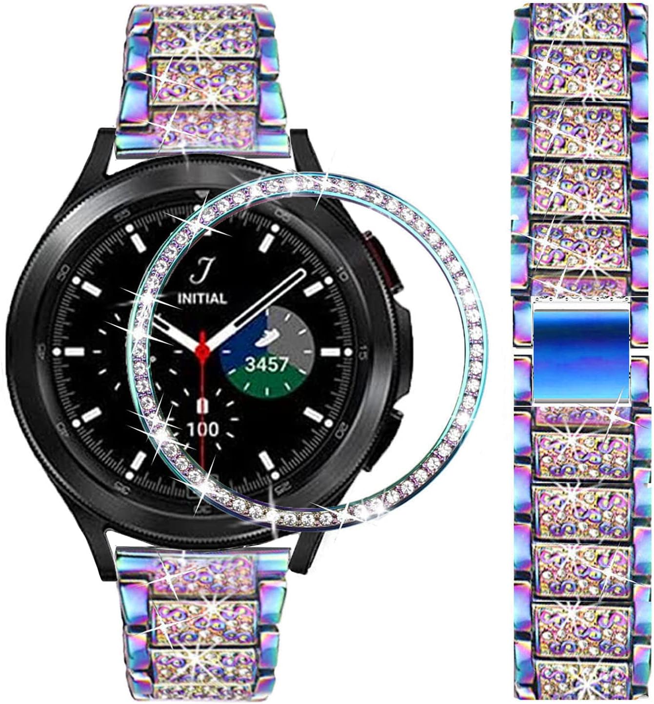 Bands Compatible with Samsung Galaxy Watch 4 Classic (46mm), 20mm Luxury Rhinestone Diamond Metal Steel Bracelet with Watch Face Bezel Ring Case Cover Replacement for Women Men (Rainbow)