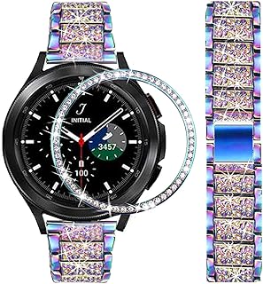DEALELE Bands Compatible with Samsung Galaxy Watch 4 Classic (46mm), 20mm Luxury Rhinestone Diamond Metal Steel Bracelet with Watch Face Bezel Ring Case Cover Replacement for Women Men (Rainbow)