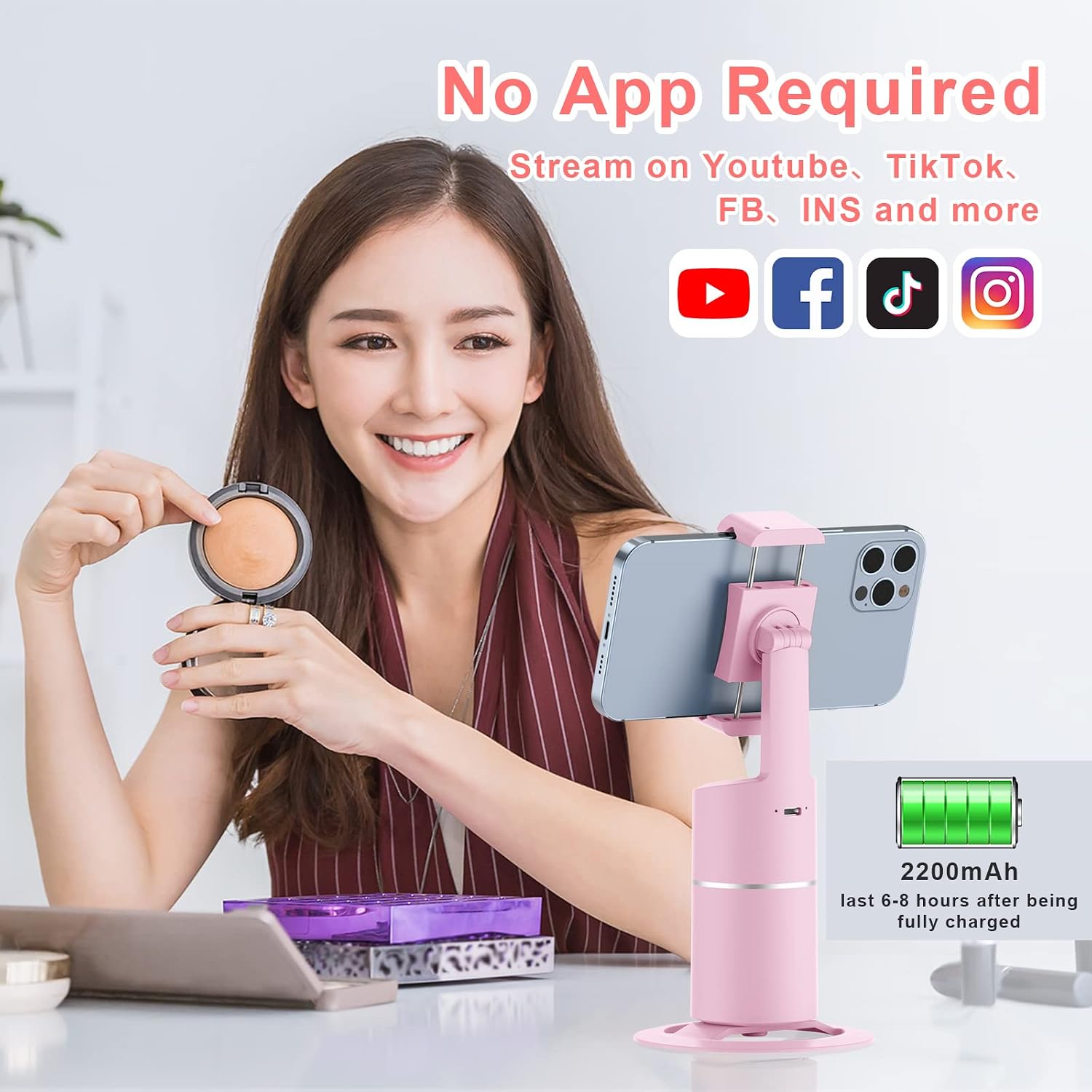 Auto Tracking Phone Holder,360° Rotation Face Body Track Mount,Tracking Tripod for Vlog Shooting Live Streaming,Build-in Battery,No APP Required(Pink)…