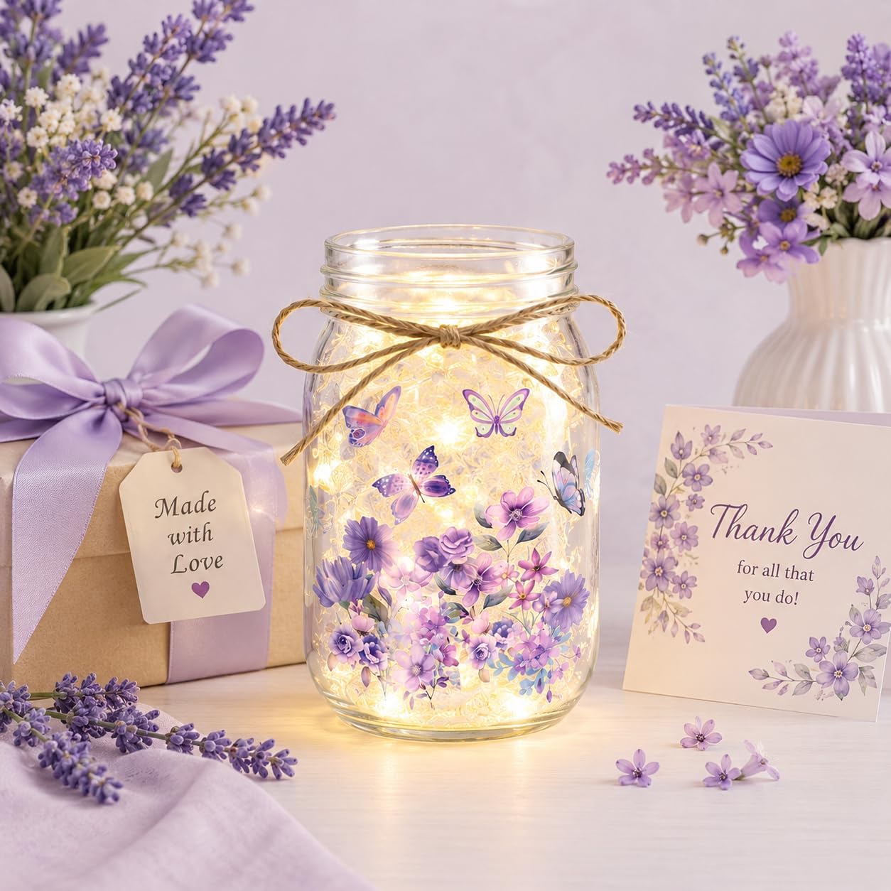 Cinrobiye 6 Set DIY Mason Jar Lantern Craft Kit with LED Lights, Butterfly & Flower Decorations, Handmade Table Centerpiece Decor for Home Party Wedding Craft Lovers
