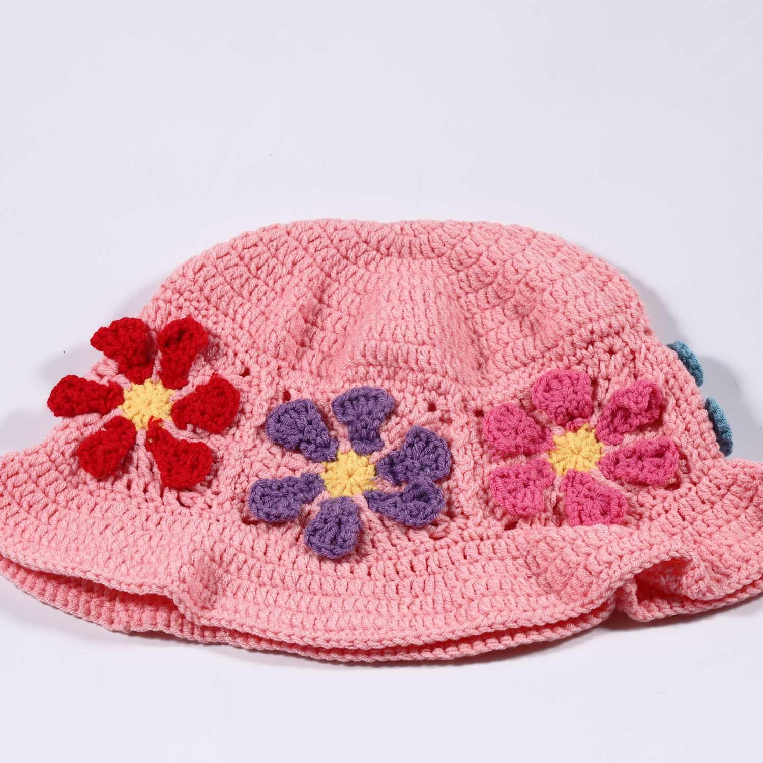 Crochet Bucket Hat for Women Flower Knit Hat Hollow Out Foldable Cap Hats image 3
