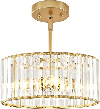 YURNYQ Small Gold Crystal Chandelier, 3-Light Semi Flushmount Light Fixture | 11.8 Inch Hanging Crystal Ceiling Lamp, Height Adjustable, Fits Sloped Ceilings, for Kitchen, Entryway, Bulbs Not Included