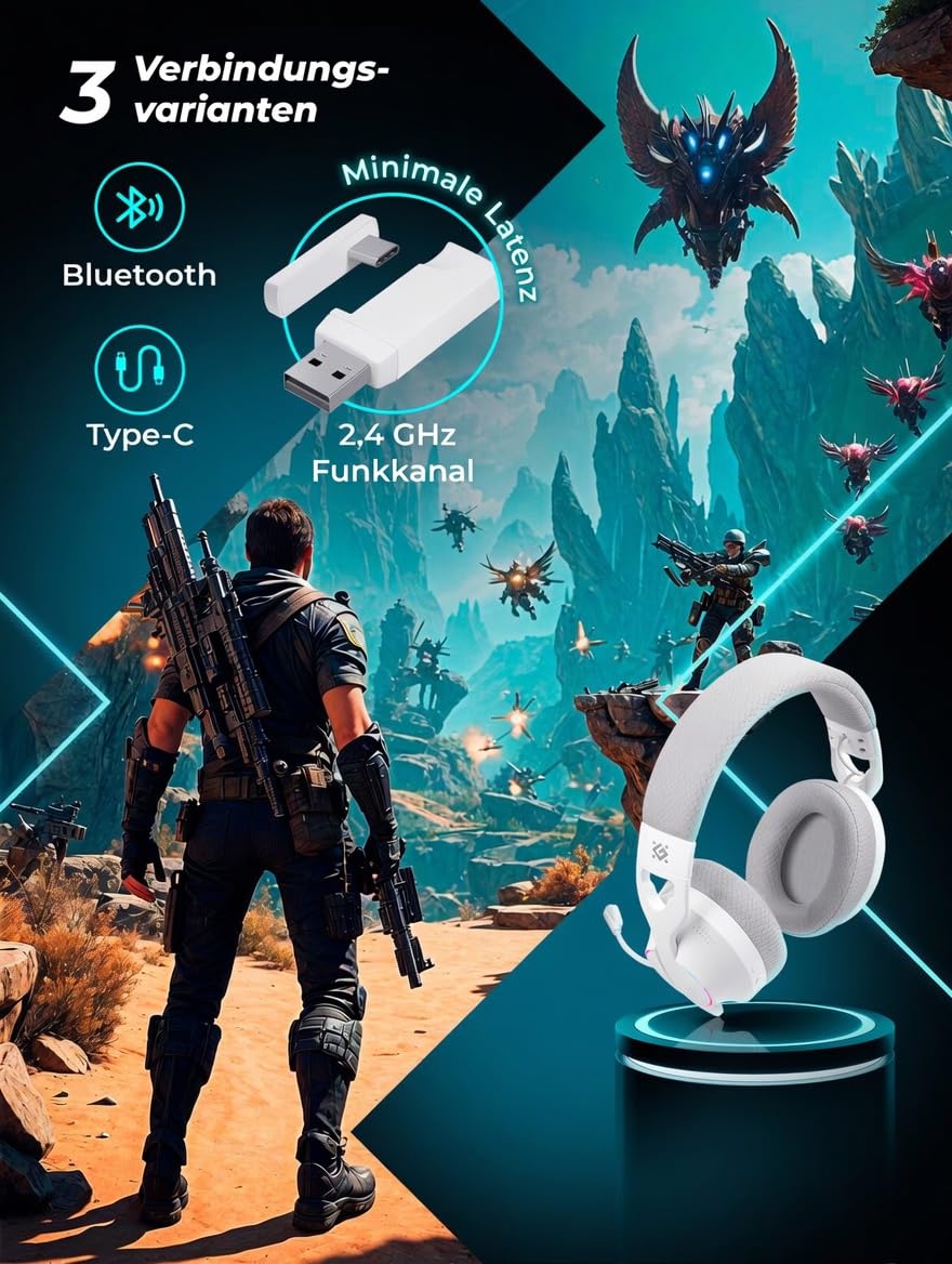 Defender® Weaver PRO Wireless Gaming Headset 40h Akkulaufzeit, 2.4GHz+BT(≤30ms), 7.1 SurroundSound,Kopfhörer Mit Mikrofon mit Noise-Cancelling, Kompatibel für PS5/PS4/Switch, PC Headset, Weiß