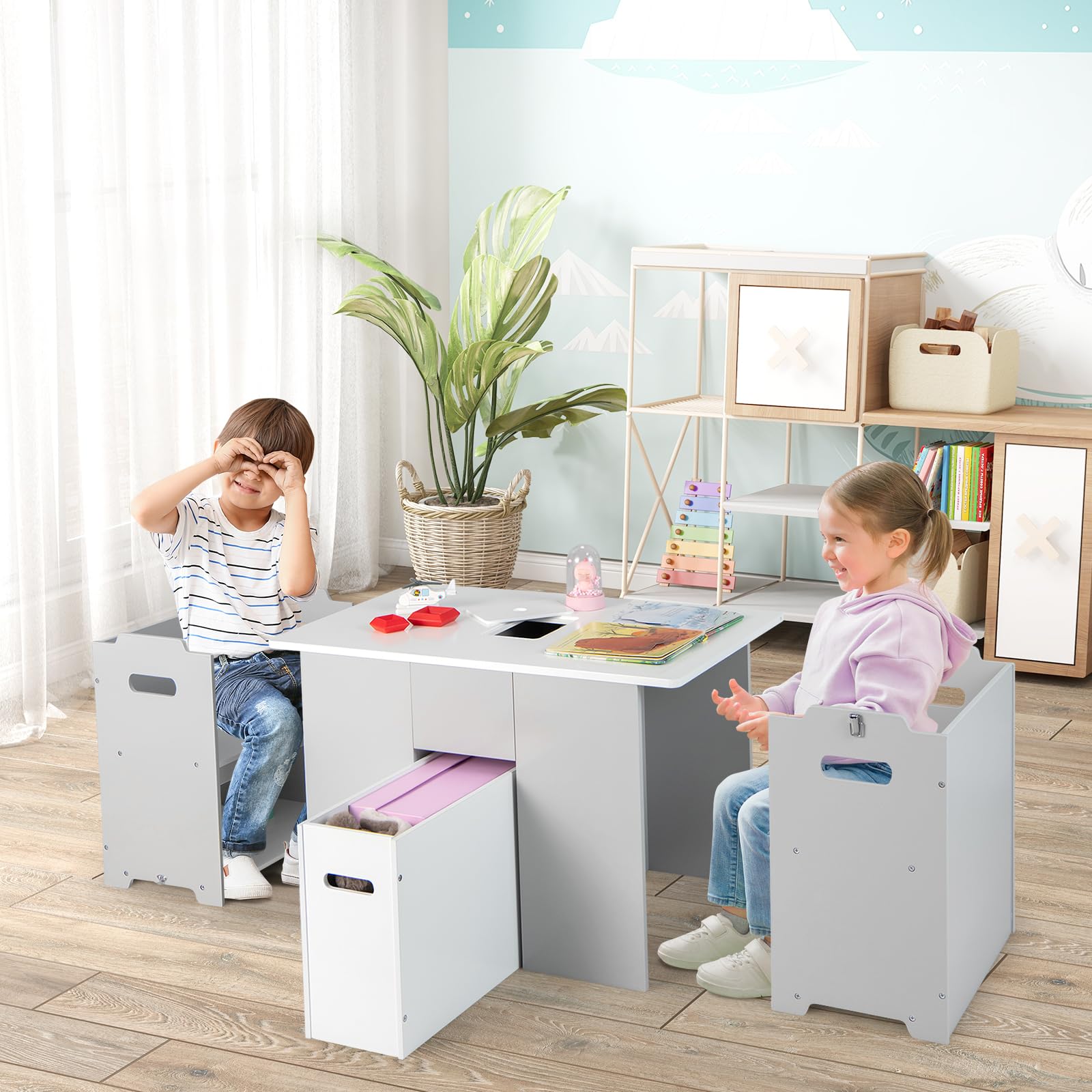 LIFEZEAL Mesa y Sillas Infantil Polivalente con Cubo Extraíble | Escritorio Infantil con 2 Sillas Apilables y Mueble de MDF para Niños
