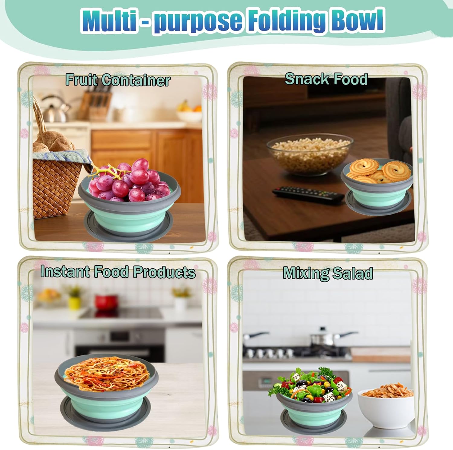 RMAMSCOV 1000ml Collapsible Camping Bowl with Lid,1 Pack Silicone Salad Bowl Serving, Microwave Foldable Soup Ramen Serving for Travel, Picnic, Rv(Blue) - Image 4