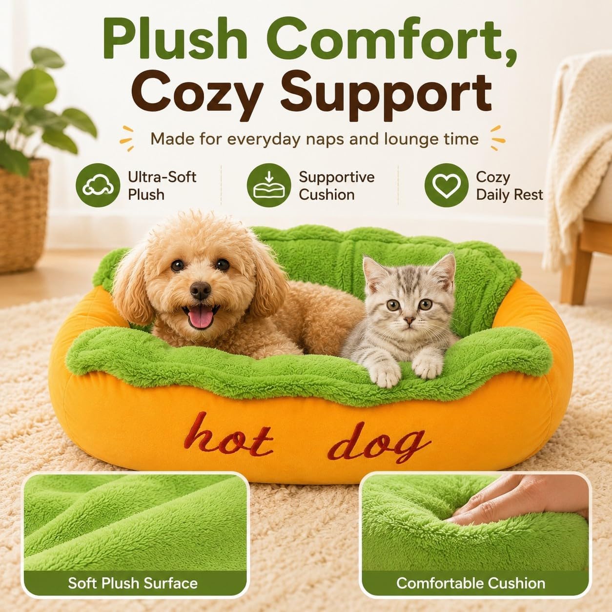 Adius Cuccia Hot Dog per Cane, Letto Hot Dog per Bassotto, con Fondo Antiscivolo, Cuscino Rimovibile e Lavabile per Piccoli Animali, per Casa e Soggiorno (L)