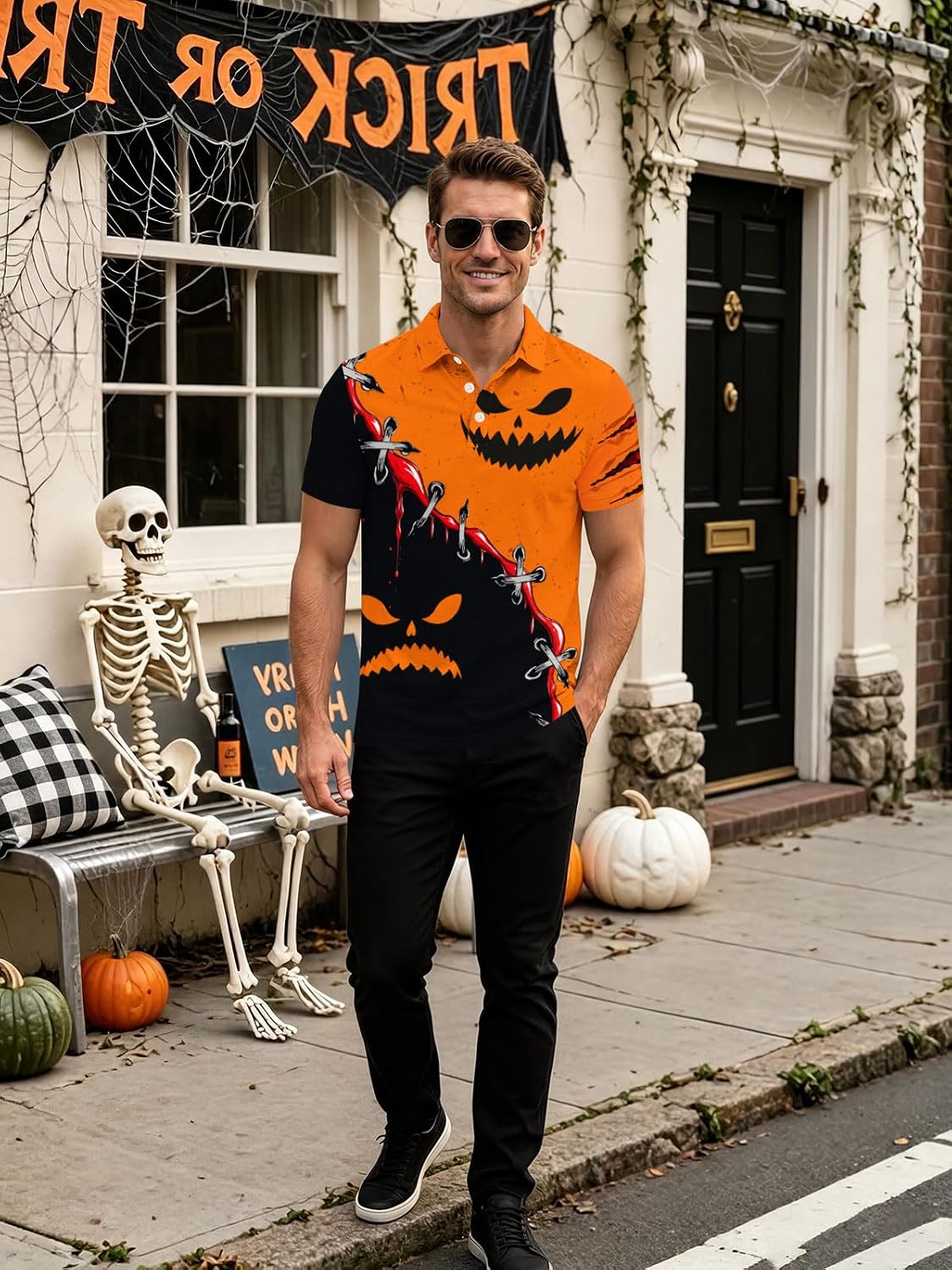 Halloween Shirts for Men Funny Horror Hawaiian Polo Shirt | Casual,Dry Fit,Quick Dry,Moisture Wicking,Golf Tops