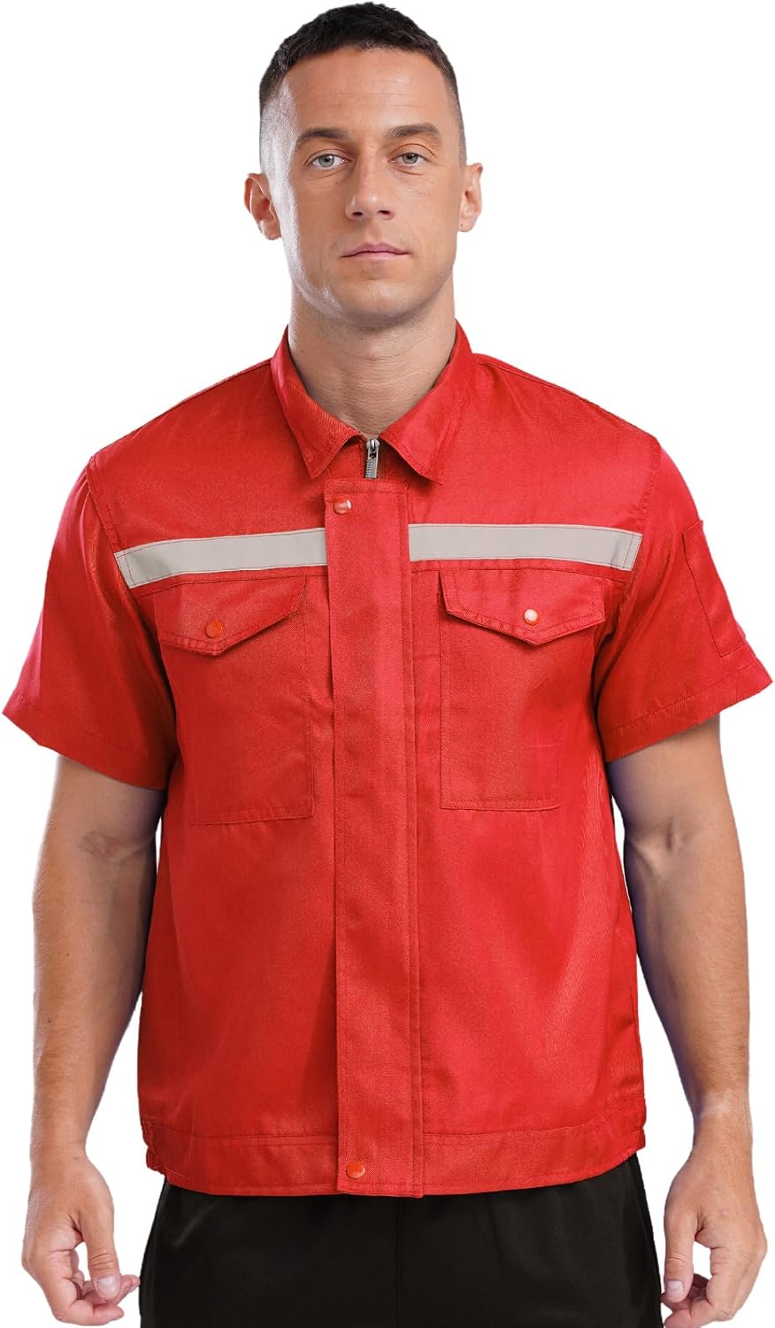 Men's Work Shirt Short Sleeve Zipper Work Jacket Industrial T-shirts with Pockets