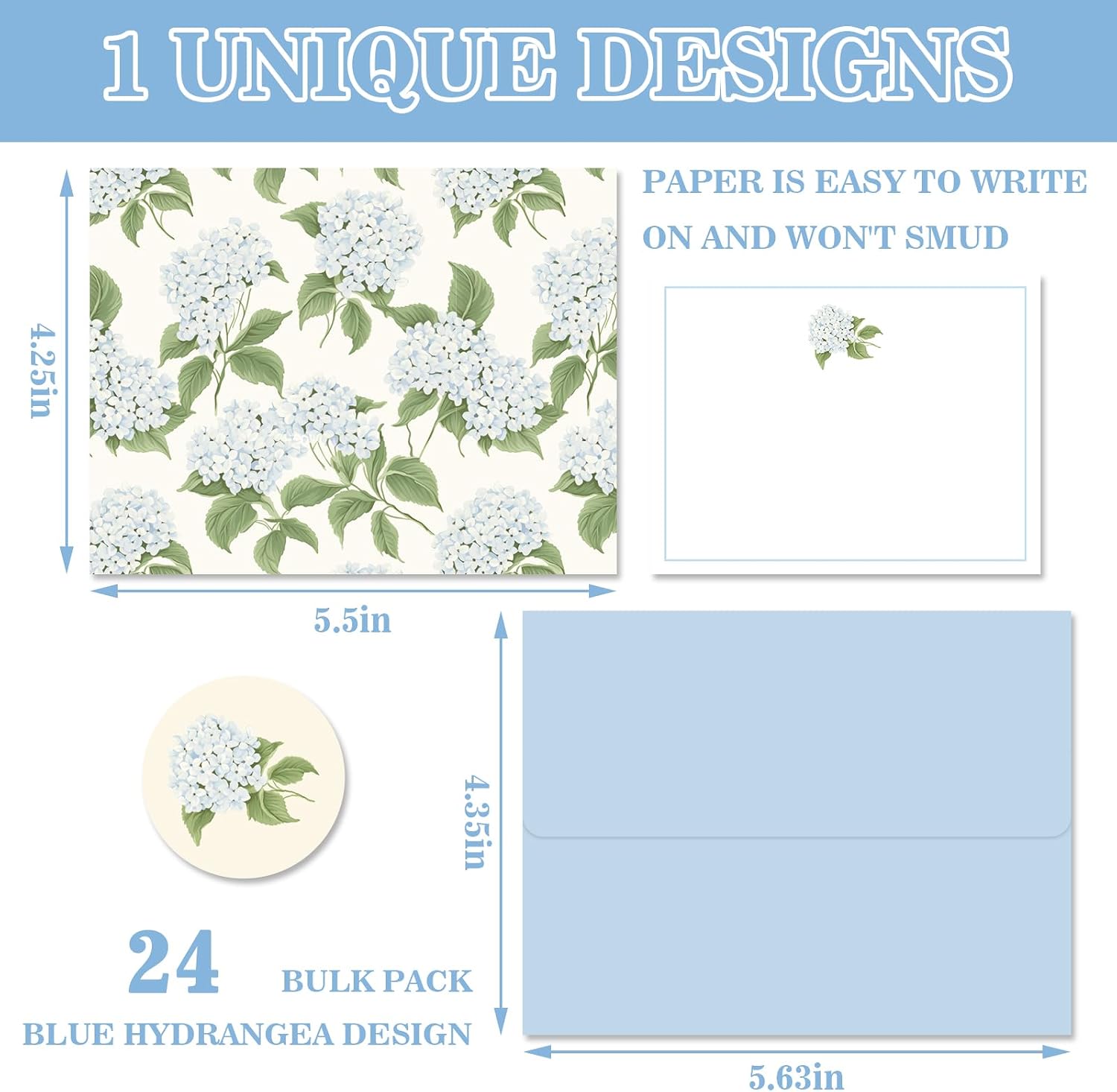 AnyDesign 24 Pack Blue Floral Stationery Cards with Envelopes Hydrangea Flower Blank Note Cards Blue White Spring Summer Greeting Card for Baby Shower Birthday Invitations Supplies