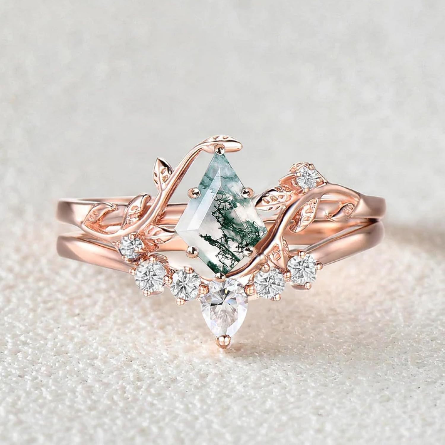 Natural Moss Agate Leafy Vintage Bridal Sets Wedding Rings for Women, 10K 14K 18K Solid Gold Kite-Cut Green Moss Agate and Moissanite Engagement Ring for Women Mother Her Jewelry Gift