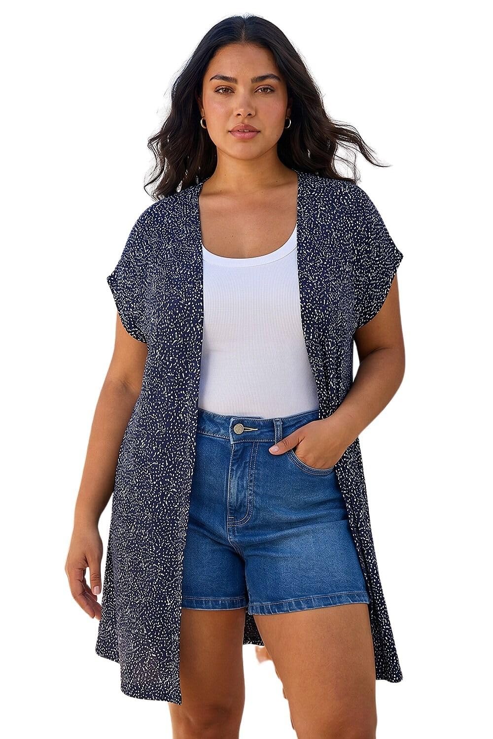 Roman Women's Curve Mono Print Stretch Cardigan Sweater in Navy | Size: 18