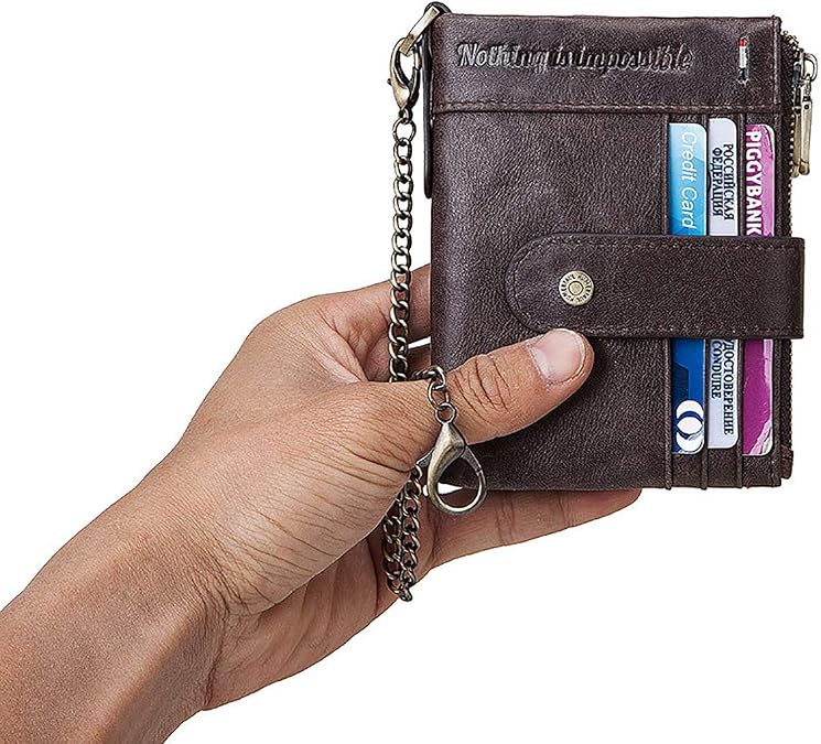 RFID Blocking Wallets Zipper Genuine Leather Tri Fold Wallet Minimalist Smart Slim Wallet for Men and Women