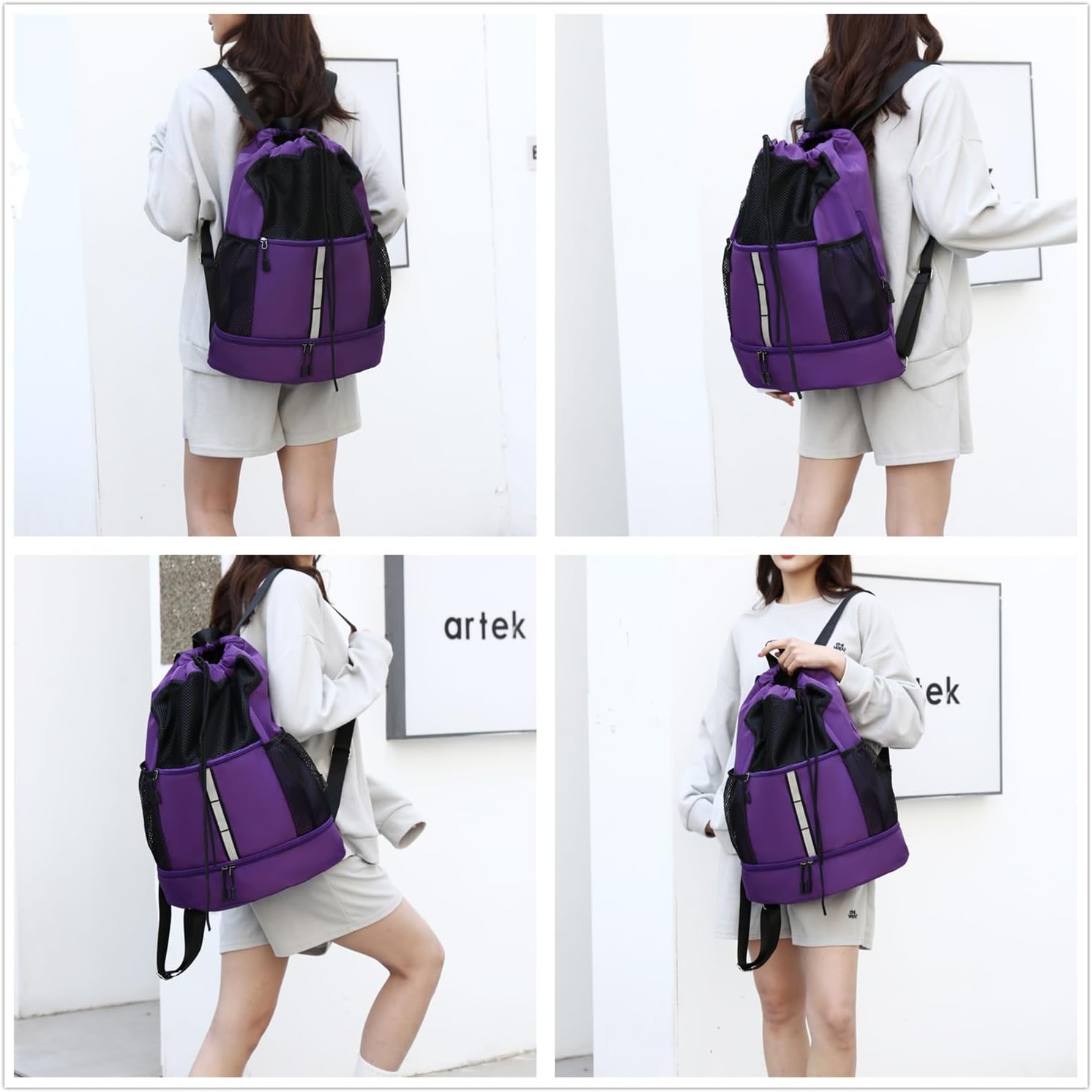 Drawstring Backpack, Water Resistant Sports Gym Bag with Wet Pocket, Shoes Compartment and Water Bottle Holder Pockets, Mesh String Bag with Front Pocket, Swim Bag for Men Women Sports(Purple) - Image 4
