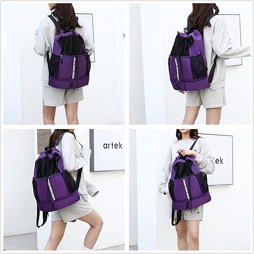 Miniatura 4 de Mochila con cordón, bolsa de gimnasio deportiva resistente al agua con bolsillo húmedo, compartimento para zapatos y bolsillos para botella de agua,