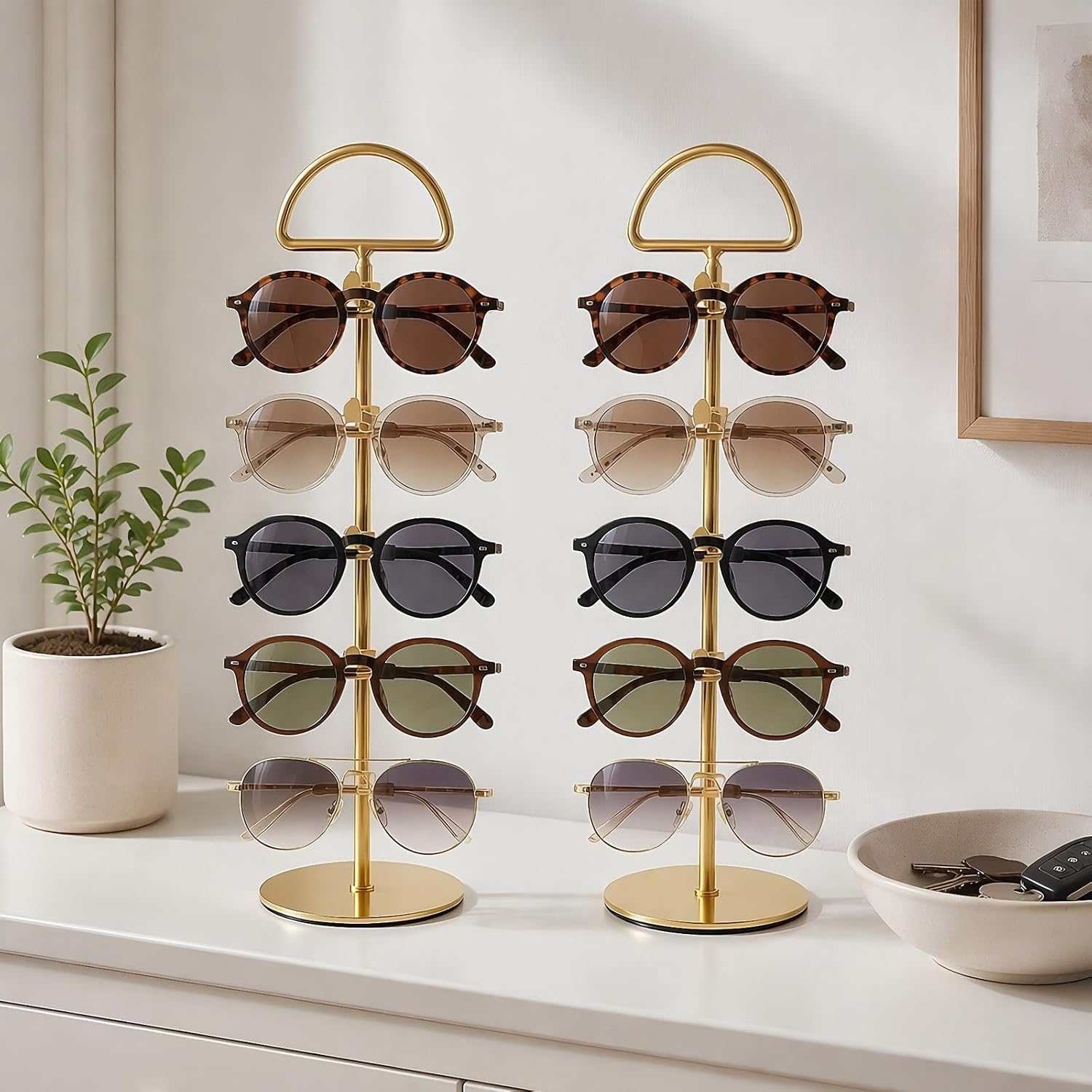 Sunglasses Stand for Countertop - Gold Eyeglass Holder, Vertical Sunglasses Organizer for 5 Pairs, Tabletop Eyewear Display for Bedroom Entryway Office (Gold, Metal Base - 2pcs)