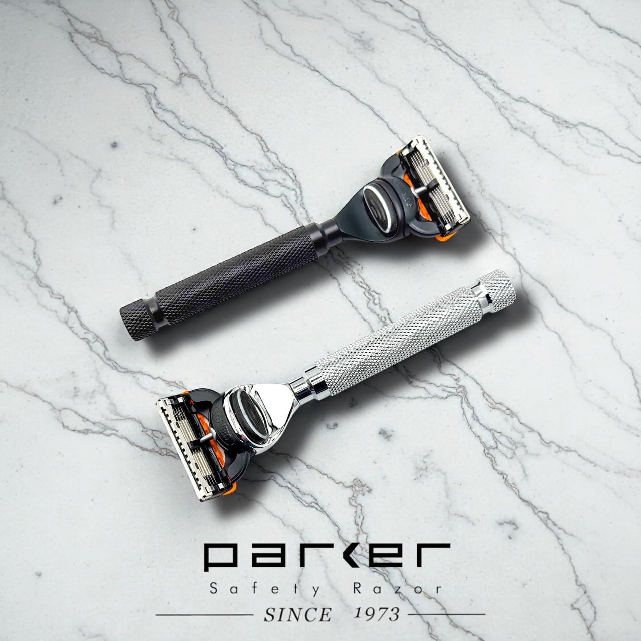 Parker Fusion-Compatible Razor with Black Metal Handle and Textured Grip