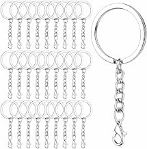 100 x 25 mm Round Silver Flat Key Rings with Chain and Metal Carabiner Clasp, Key Ring Kit for DIY Jewellery Accessories Ornaments