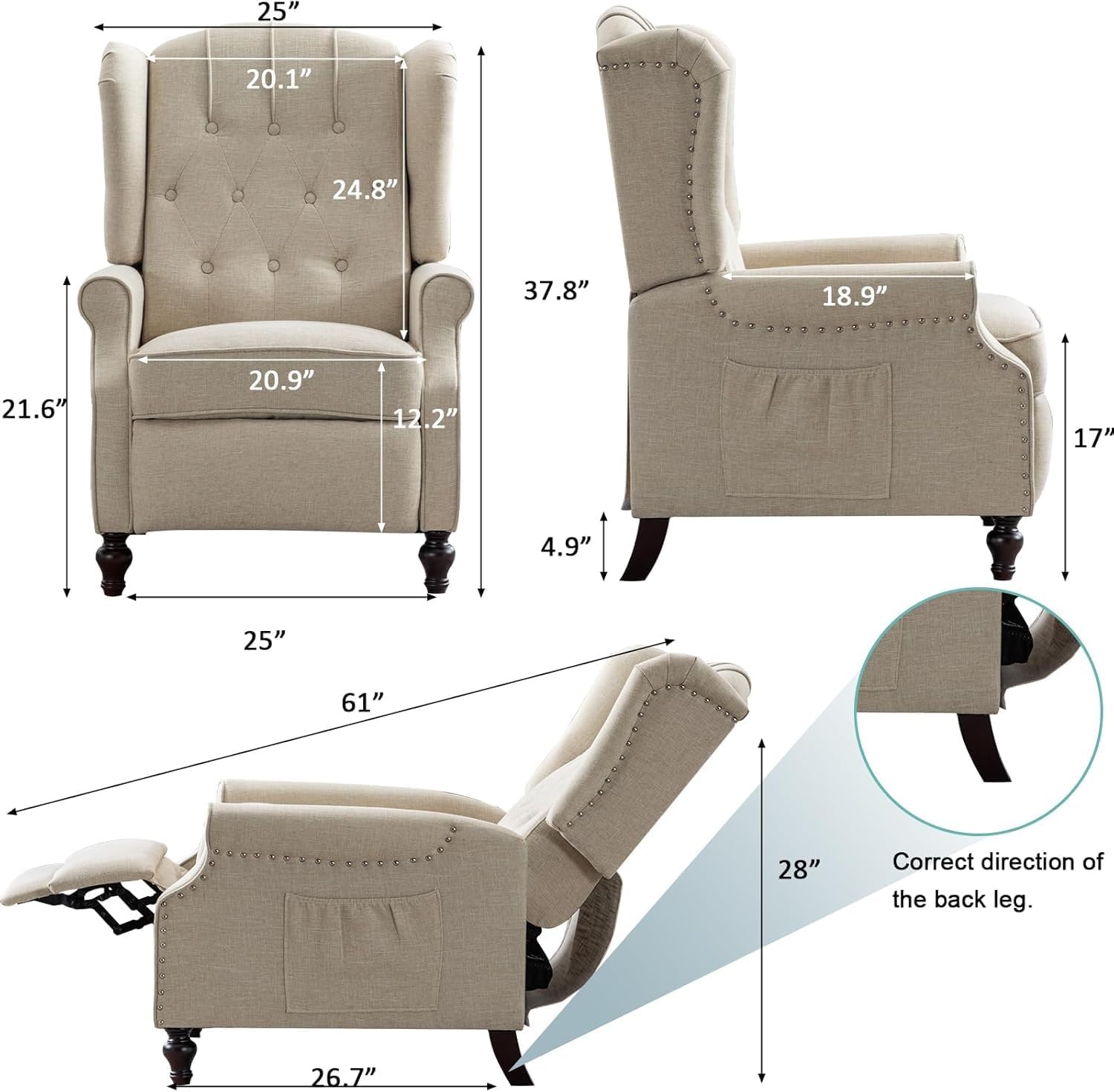 Wingback Recliner Chair Set of 2 with Massage & Heat, Mid Century Push Back Accent Chairs with Tufted Back, Nailhead Trim & Wooden Legs, Fabric Reclining Armchair for Living Room, Beige