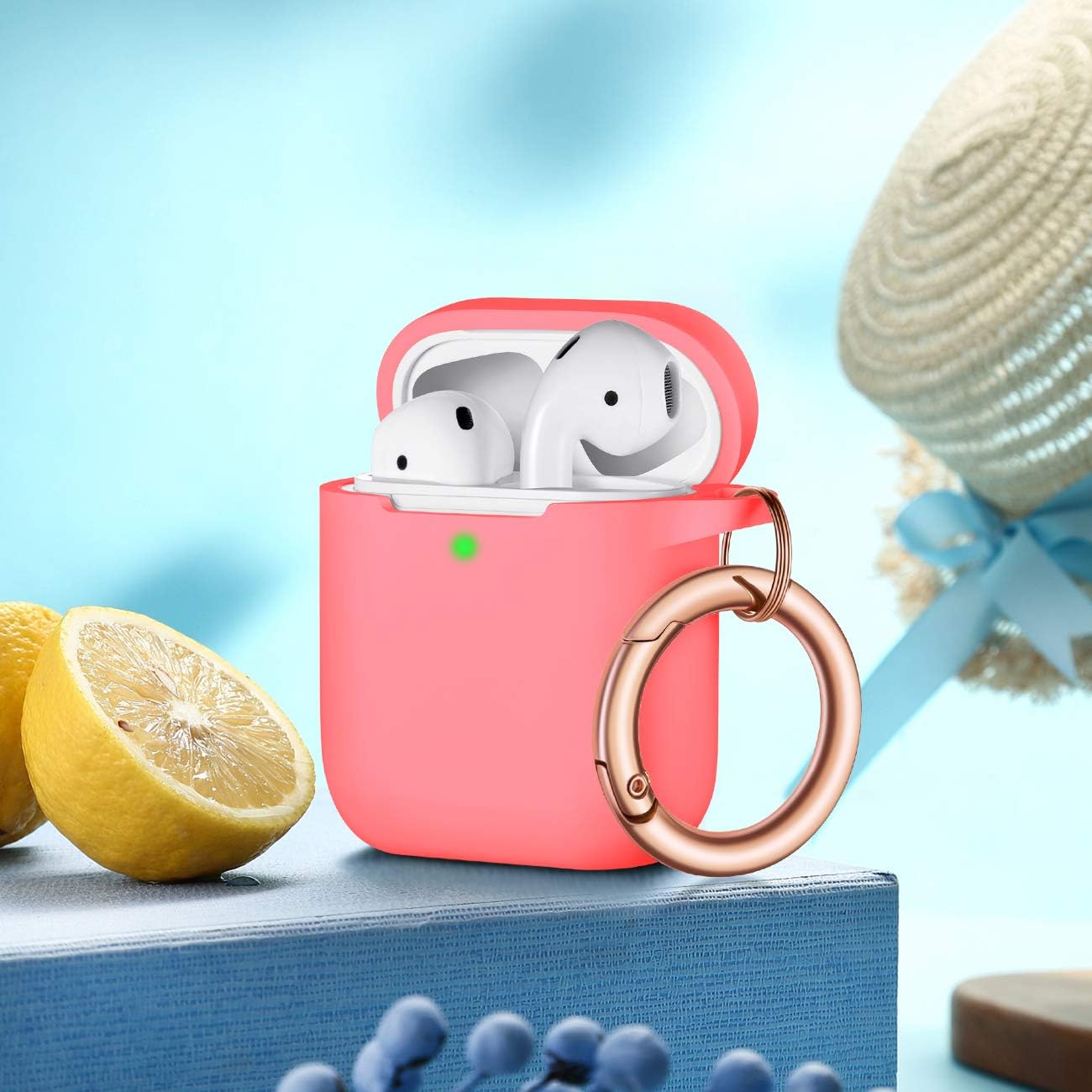 R-fun AirPods Case Cover with Rosegold Keychain, Silicone Protective Skin Cover for Women Girl with Apple AirPods Series 2 & Series 1 Charging Case,Front LED Visible-Pink Peach