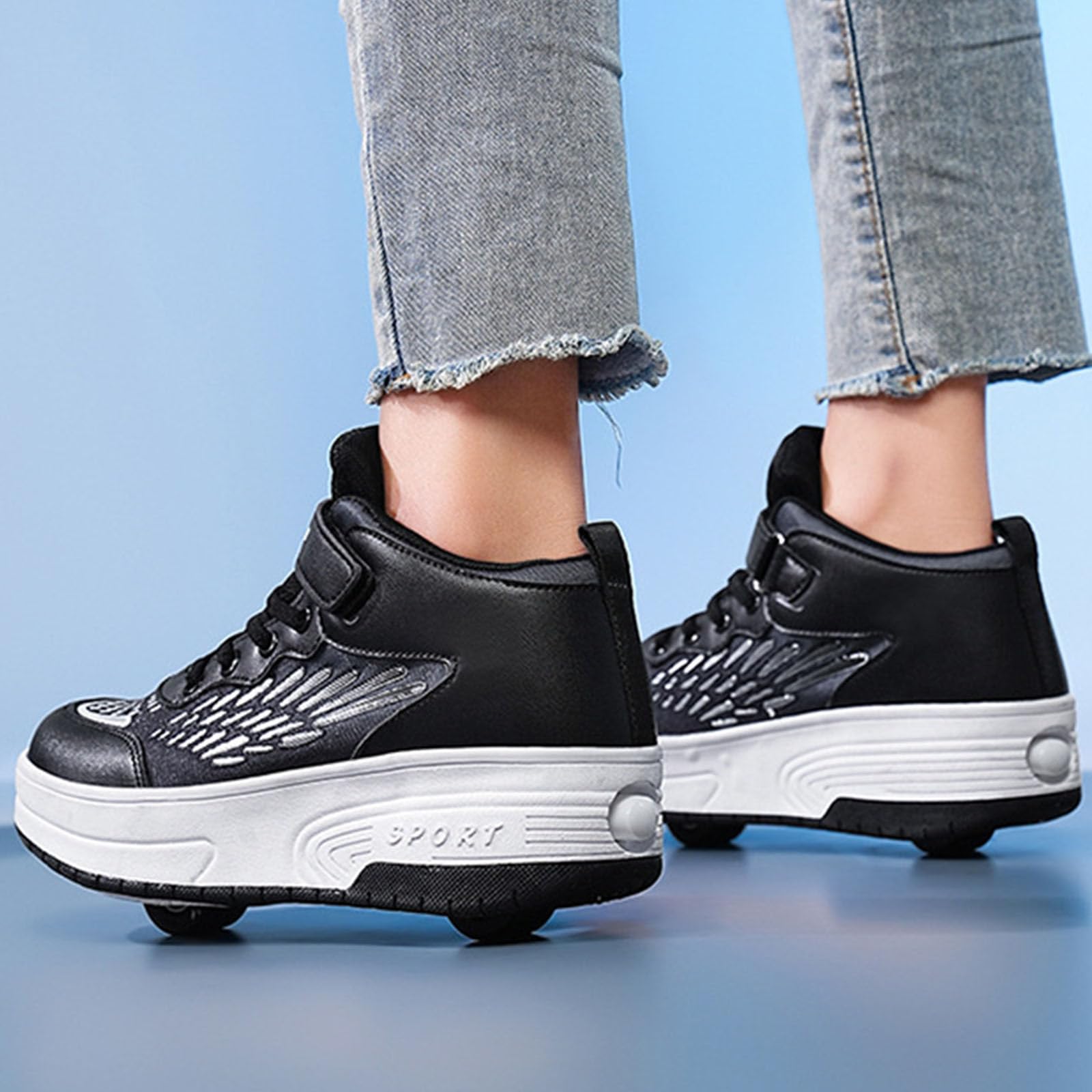 Surwin Chaussures roulettes Enfant, Chaussures de Skateboard Mi-Montante Fille Garçon avec Roues Arrière Rétractables, Boucle en Nylon Basket à roulettes Sneakers Roller Respirant