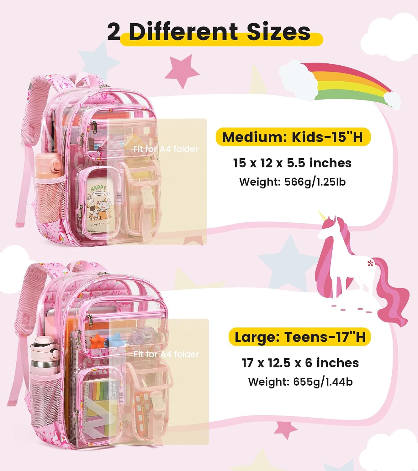 Vorspack Clear Backpack for Girls, Cute Transparent School Bookbag, Pink | 15 Inch, Heavy Duty See Through Backpacks, with Reflective Strip, Comfortable Wearing, Unicorn Kids Clear Bag for Ages 4-8