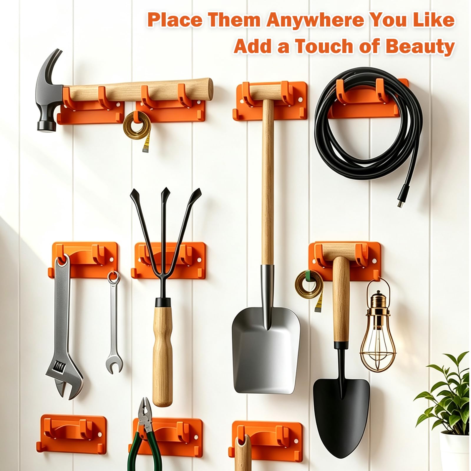4 PCS ganci per Attrezzi Sospesi da Giardino, Portascopa da Muro, Arancione | Supporto Attrezzi Giardino con Viti Abbinate, portascopa da muro, per cucina, bagno, ingresso, garage e officina