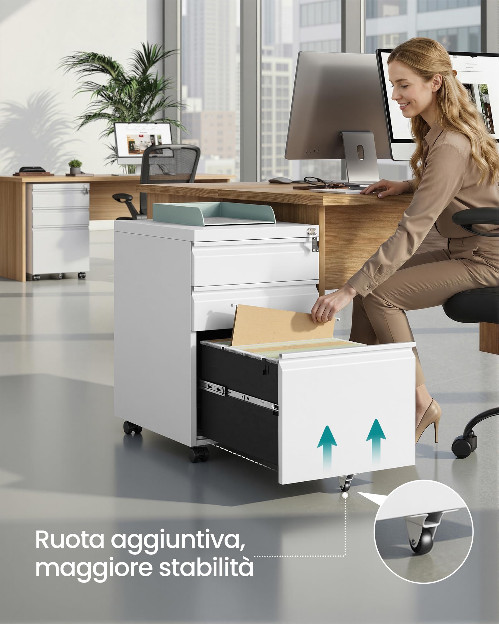 SONGMICS Mobile per Documenti a 3 Cassetti, Cassettiera da Ufficio in Metallo, Acciaio, 3 Cassetti con Serratura, Supporto con Ruote per Stampante, 39 x 50 x 62 cm, Bianco Opaco OFC033W101