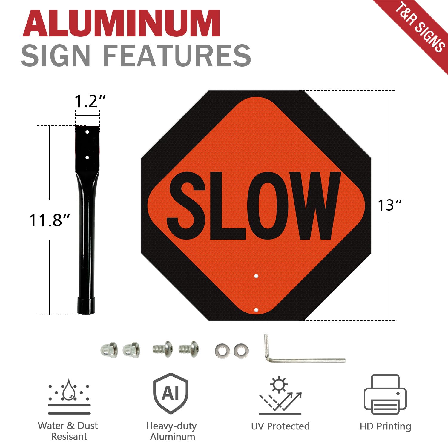 T&R (1 Pack) Stop Slow Sign with Handle, 13 x 13 Inches Double Sided Stop/Slow Traffic Sign, Rust Free Aluminum Reflective, Weather Resistant, Waterproof, Fade Resistant, Easy to Mount(Orange) — Amazon image 2