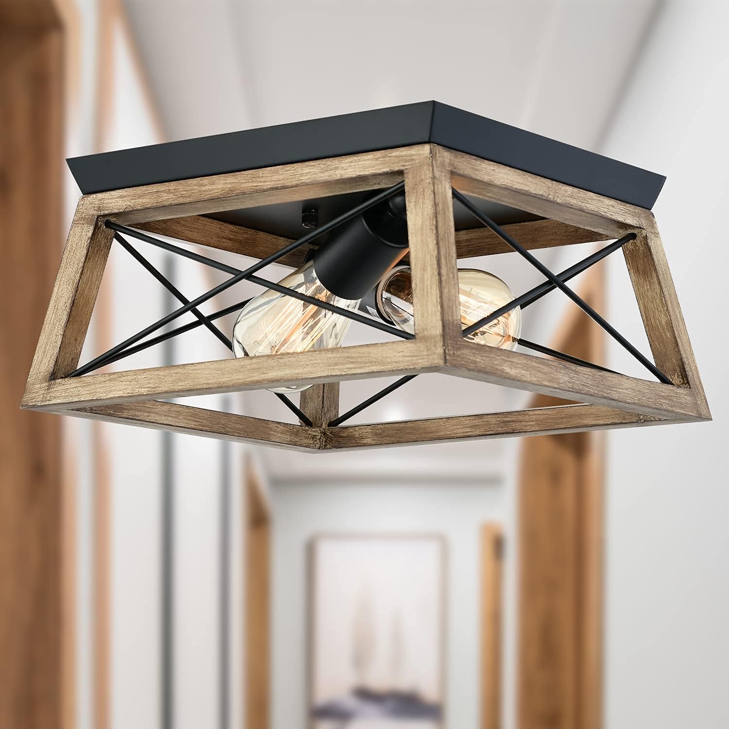 9MMML Wood Flush Mount Ceiling Light - 12'' Farmhouse 2-Light Ceiling Light Fixture for Living Room Dining Room Bedroom Entryway Kitchen Hallway, E26 Base (MA5011C2WDBK)
