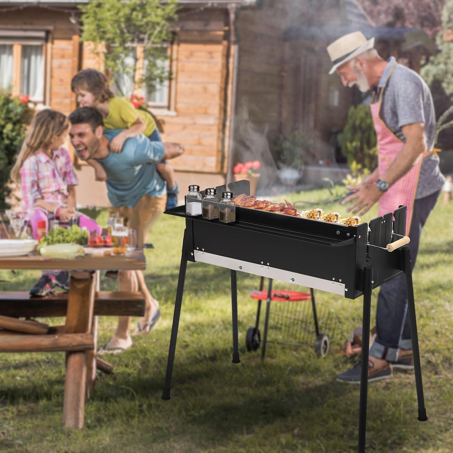 Portable Charcoal Grill - 25.79" Commercial-Grade Hibachi BBQ with Foldable Design, Adjustable Height for Camping/Backyard/Travel (Stainless Steel, Easy-Clean Ash Tray)