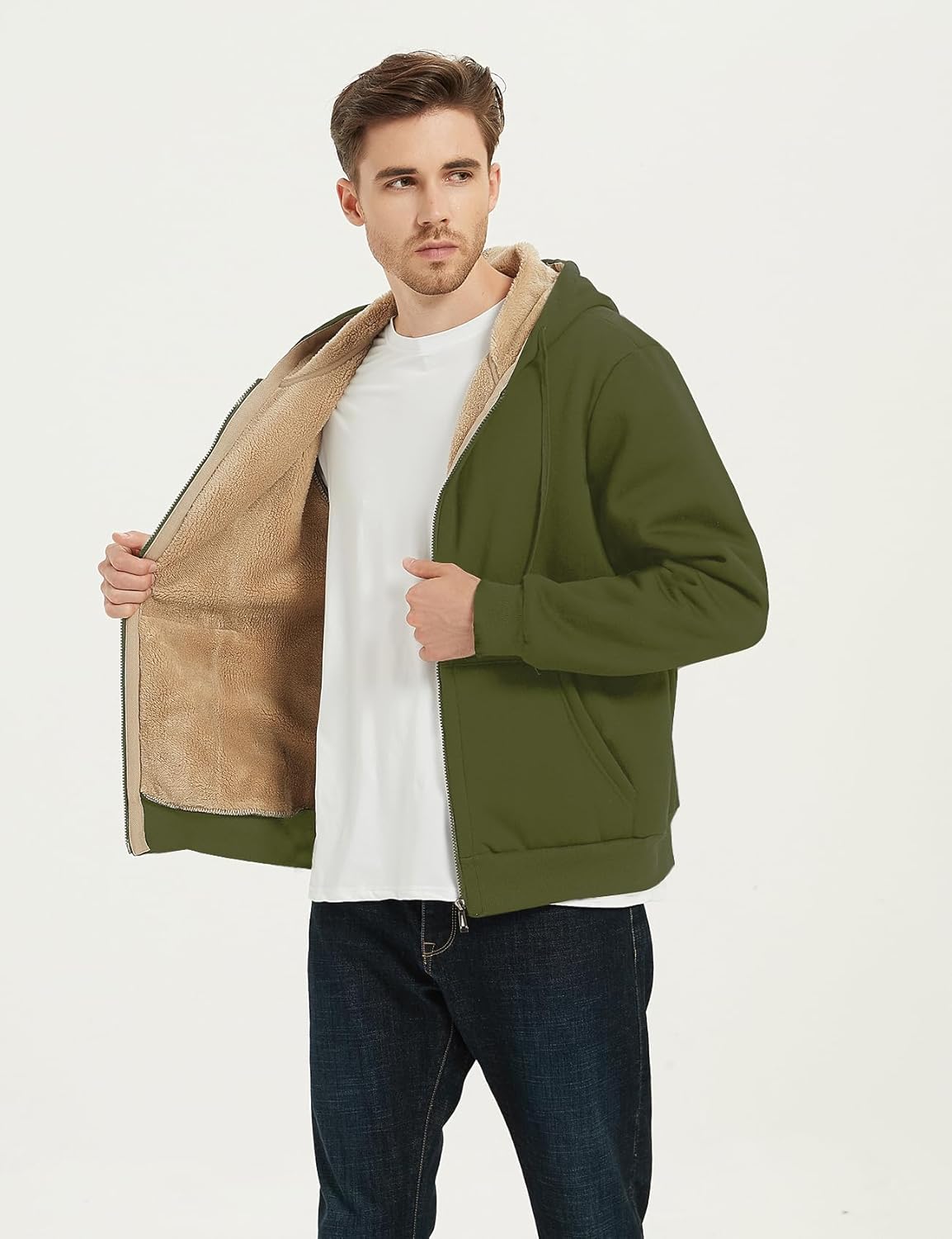 Flygo Men's Sherpa Hoodie Jacket Fleece Lined Zip Up Warm Hoodies Sweatshirt Winter Zipper Sweater Hooded Coat - Image 2