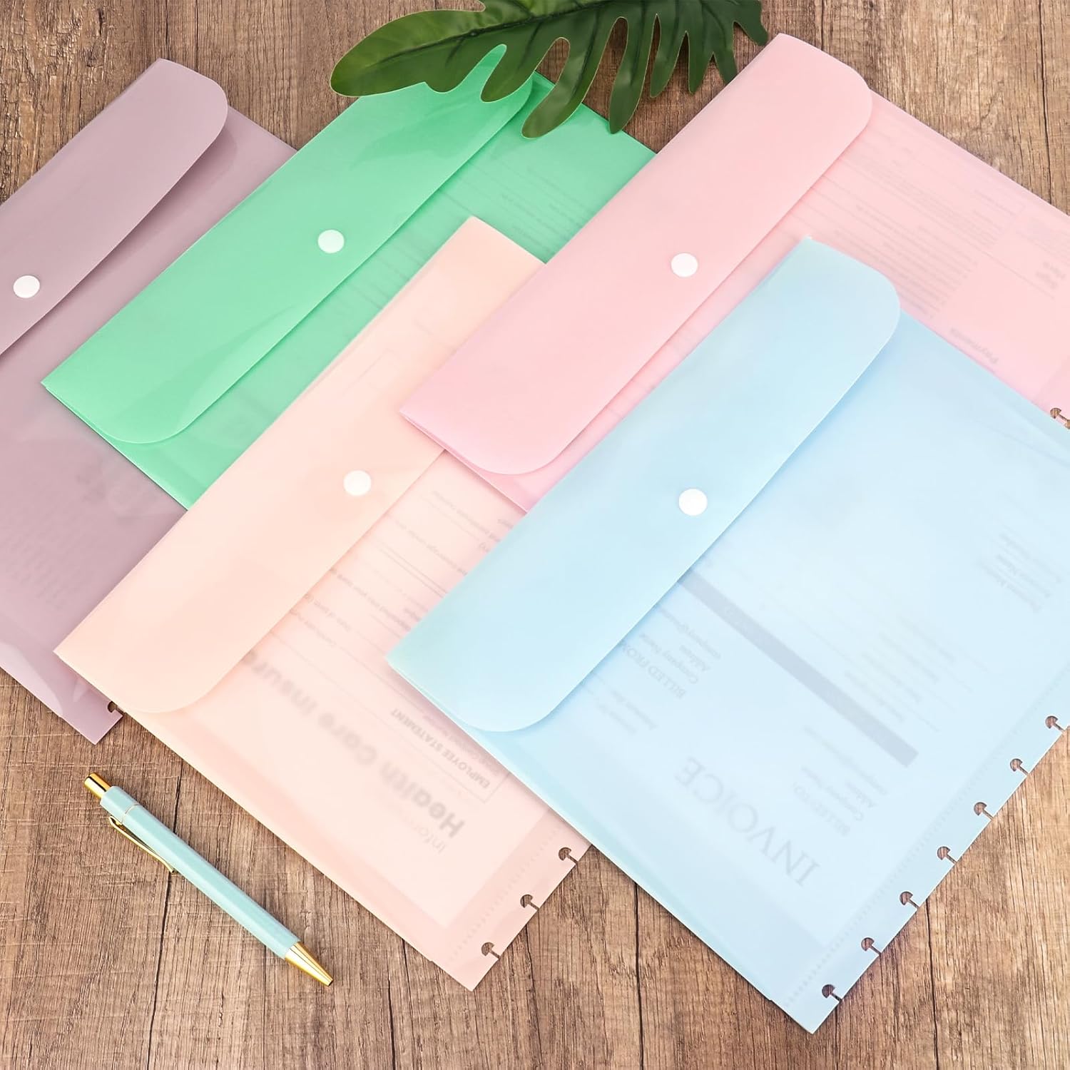 15 Pack Letter Size Discbound Pocket 8.5 * 11.1 Inch Discbound Notebook Dividers Clear Envelopes with Snap Closure Binder Pocket Dividers for School Office Home Work Organizer