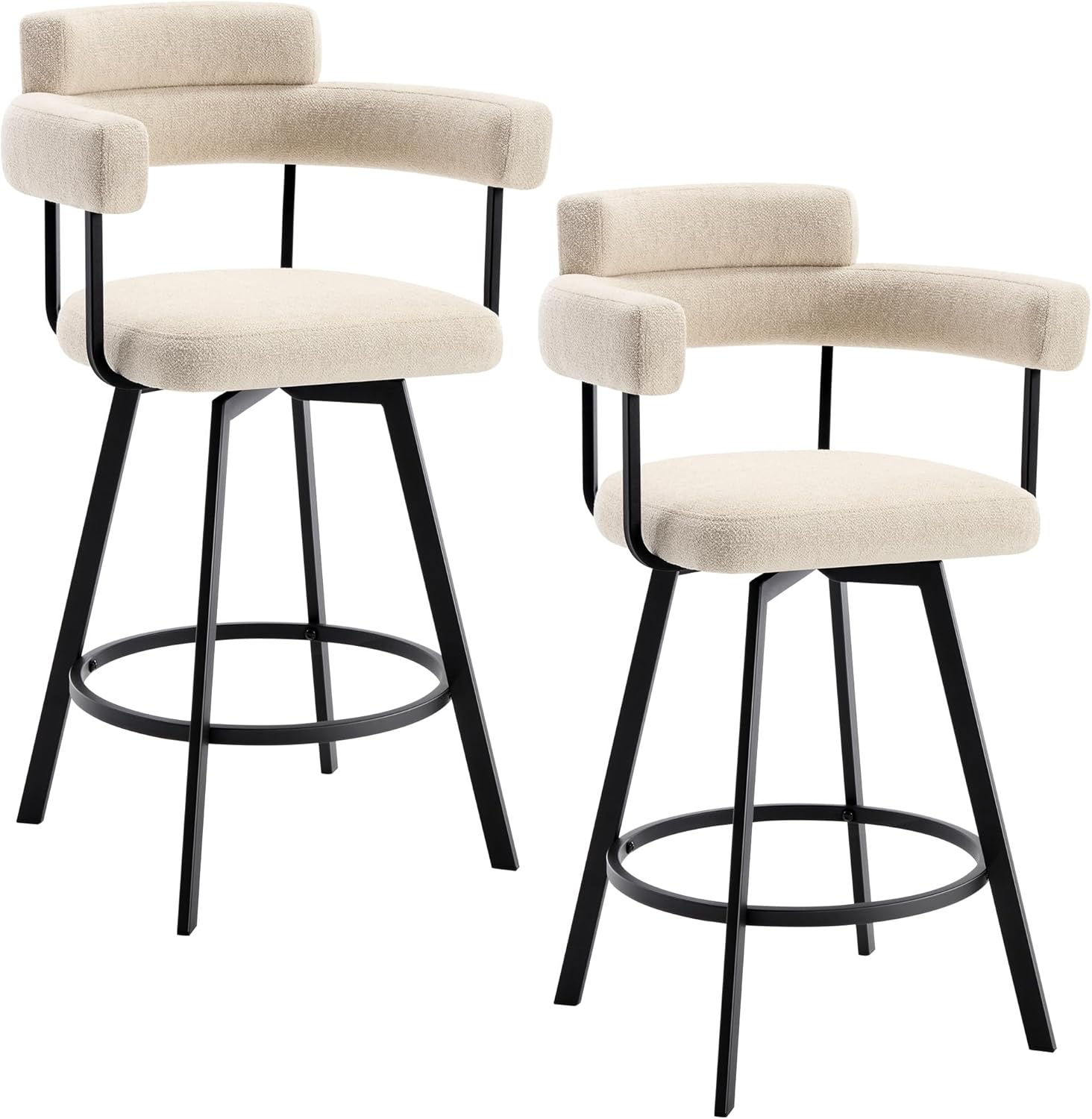 Flouki Swivel Bar Stools with Backs and Arms, Modern Bar Stools Set of 2 for Kitchen Island, 26" Upholstered Linen Counter Height Bar Stools for Kitchen Counter, Dining Room, Beige