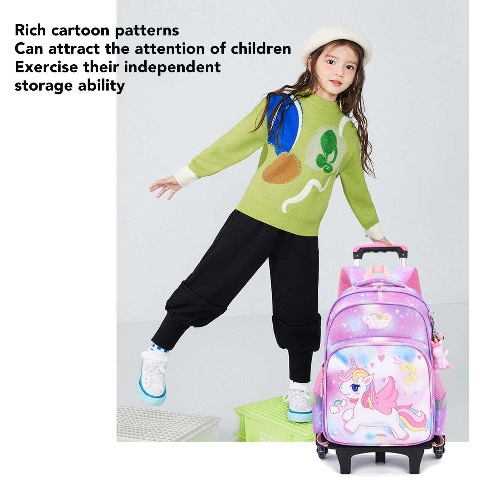 Mochila con Ruedas para Niñas Mochila con Ruedas, Patrón de Dibujos Animados, Mochila Escolar Reflectante de 2 Ruedas con Ruedas para Subir Escaleras, Bolsa de Viaje Impermeable