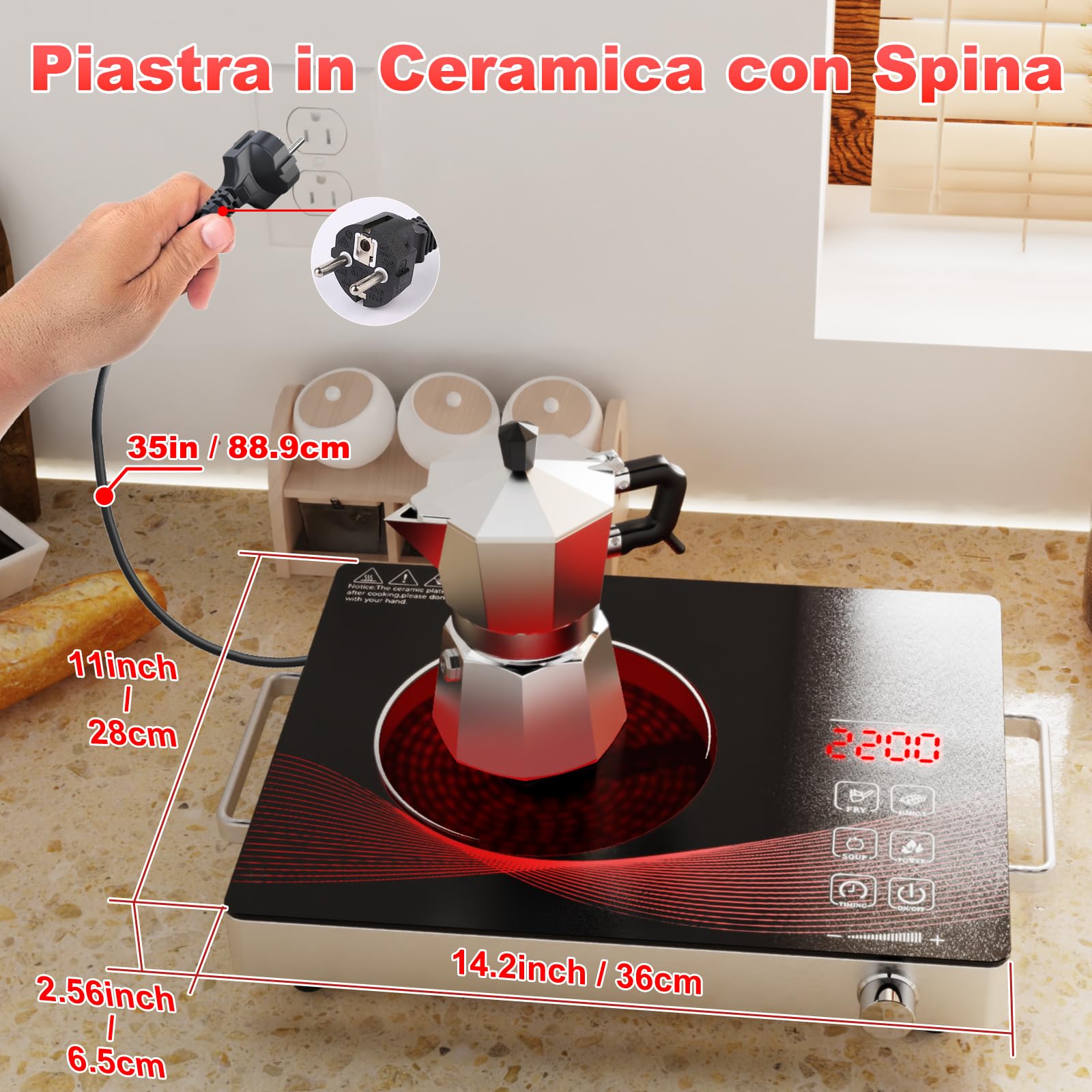 Argyolas Fornello Elettrico 1 Piastra in Vetroceramica,Piano Cottura Elettrico Portatile,Piastra Vitrocéramique 1 Feu, Piastra Calda Infrarossa Elettrica Portatile per Cucinare