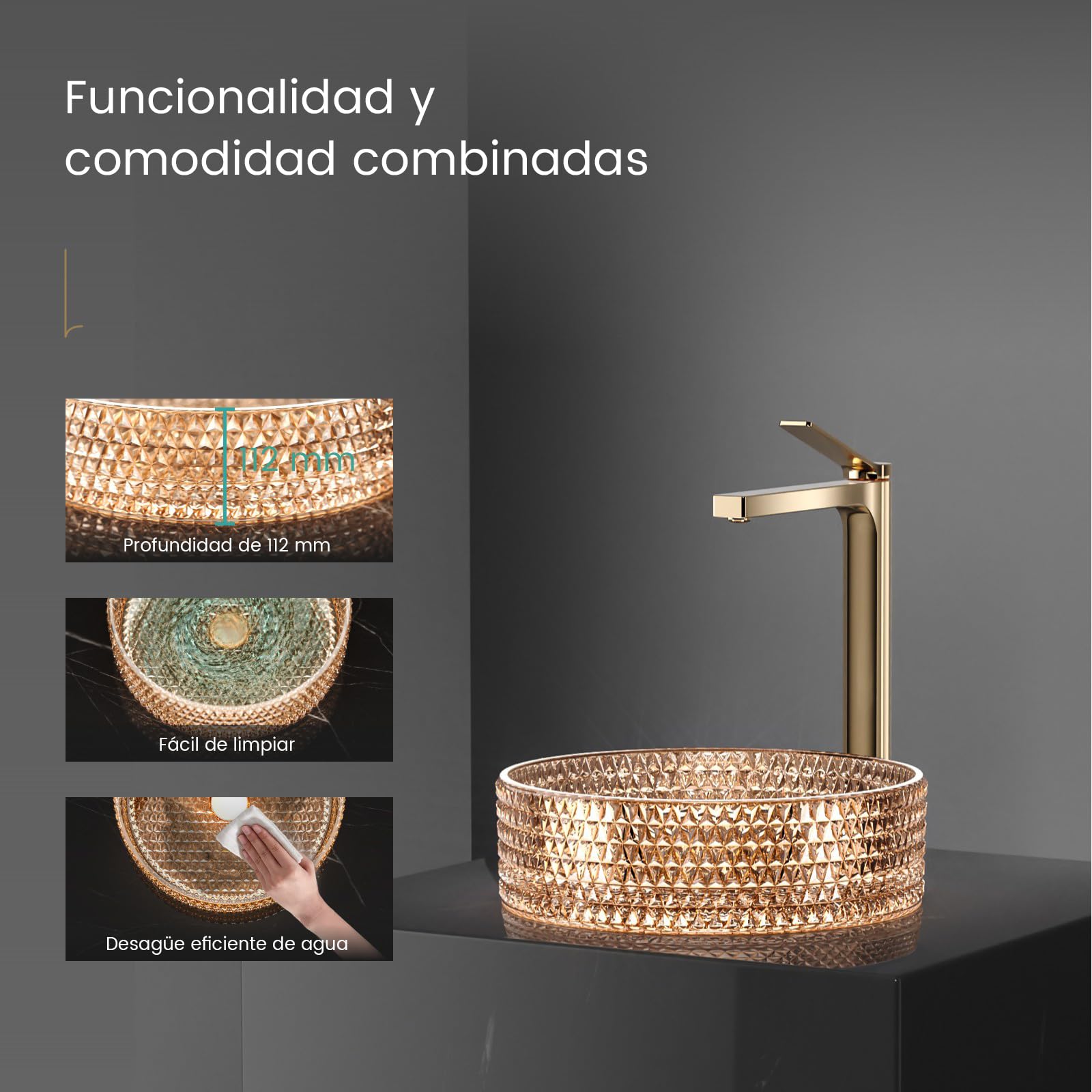 EMKE Lavabo para montar en cristal,360 x 360 x 112 mm,rosa dorado | Lavamanos redondo, lavabo de para baño y WC de invitados, lavabo sin orificio para grifo
