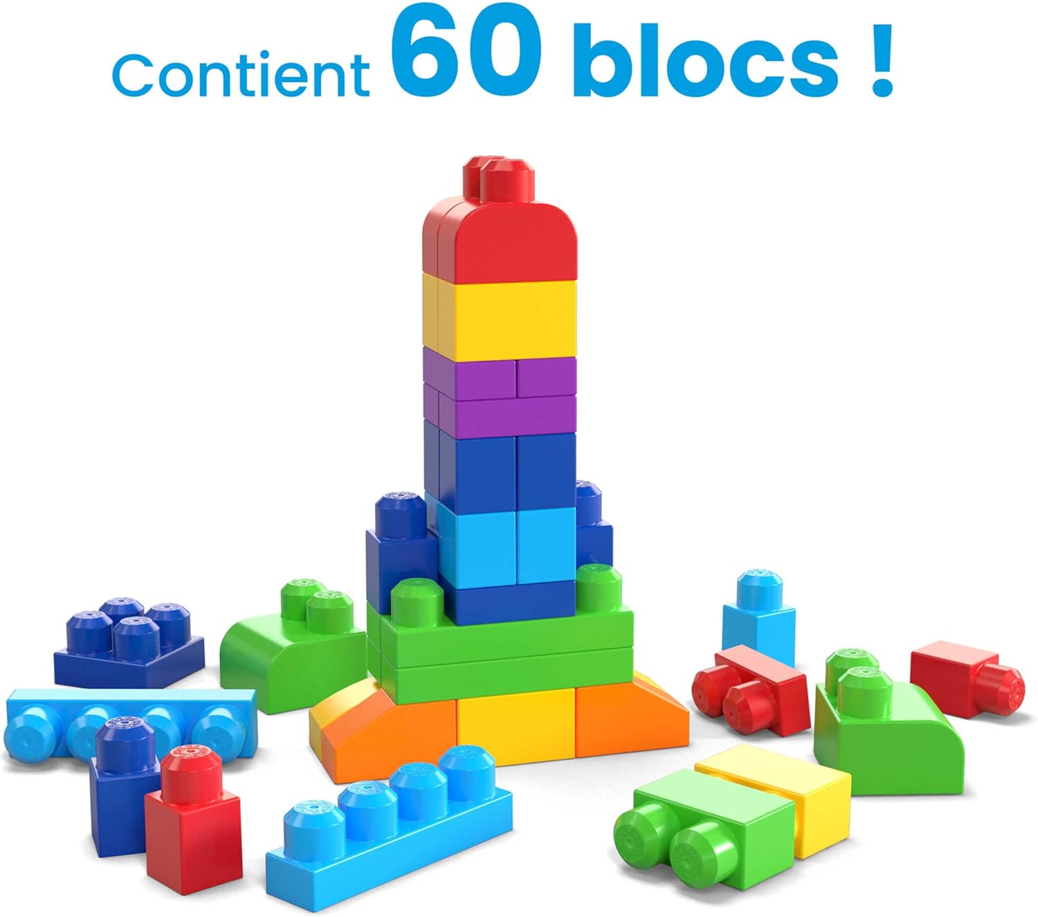 Mega Bloks Grand Sac de Construction Bleu 60 Pièces – Blocs Maxi Colorés, Sac Écologique sans PVC, Jouet d’Éveil 1 à 5 Ans - Image détaillée