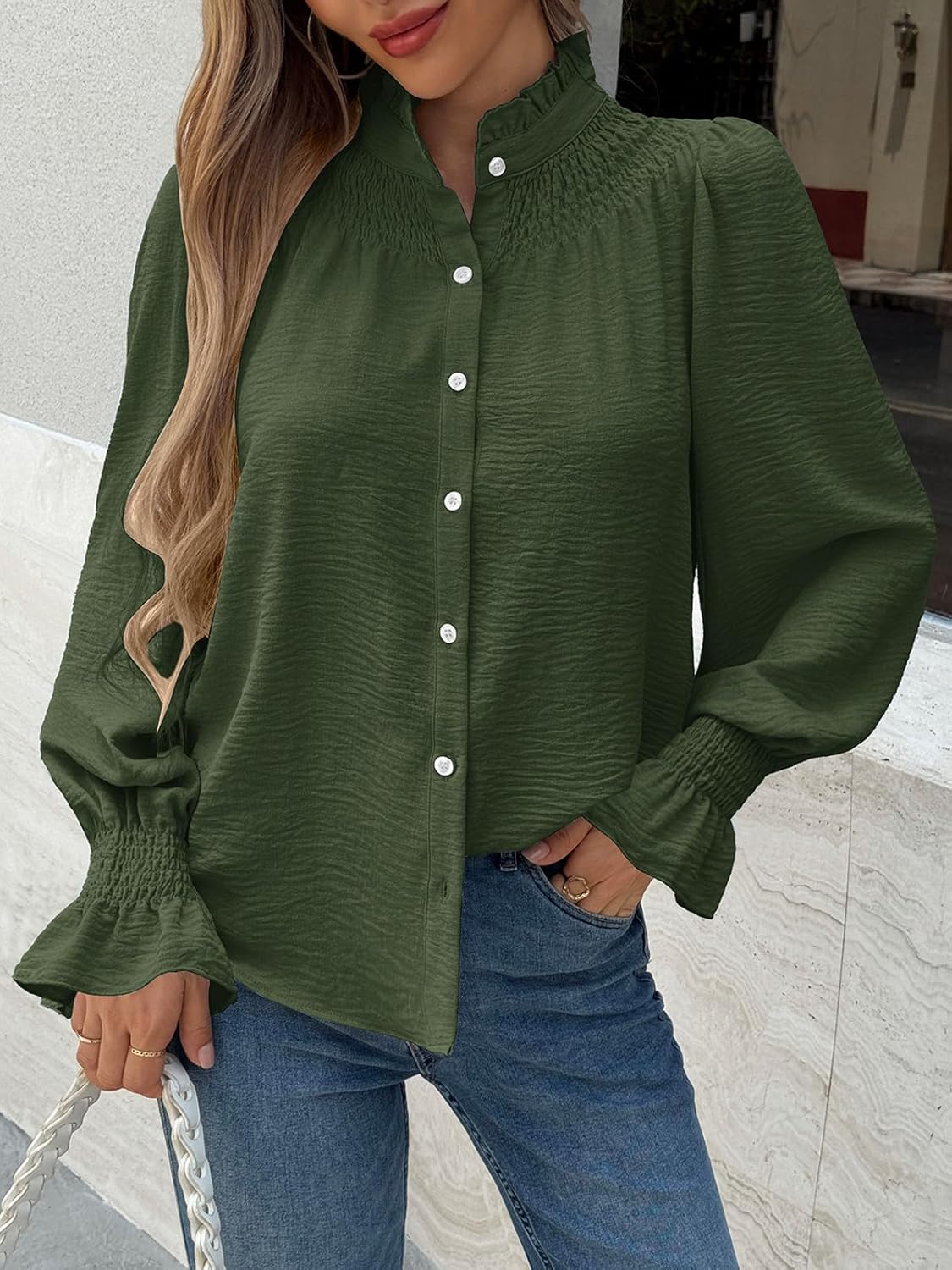 Tankaneo Womens Puff Long Sleeve Button Down Shirts Ruffle Mock Neck Blouses Dressy Casual Loose Fit Tops - Image 2