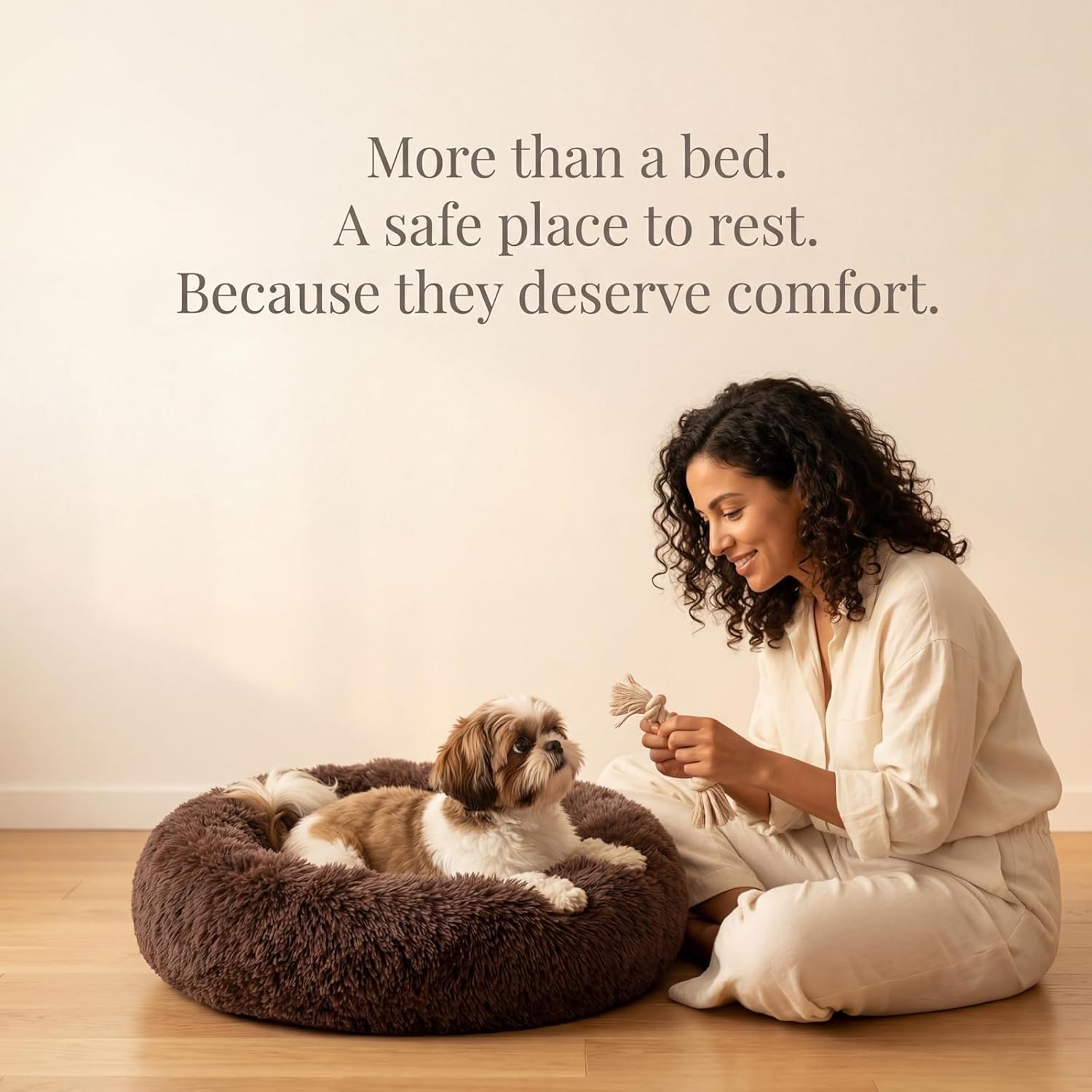 Calming Donut Dogs Beds for Small Dogs Washable,23inch Plush Round Pet Bed for Cozy Sleep,Fluffy Faux Fur Large Cat Bed,Fits up to 25 lbs Pets,Chocolate Brown