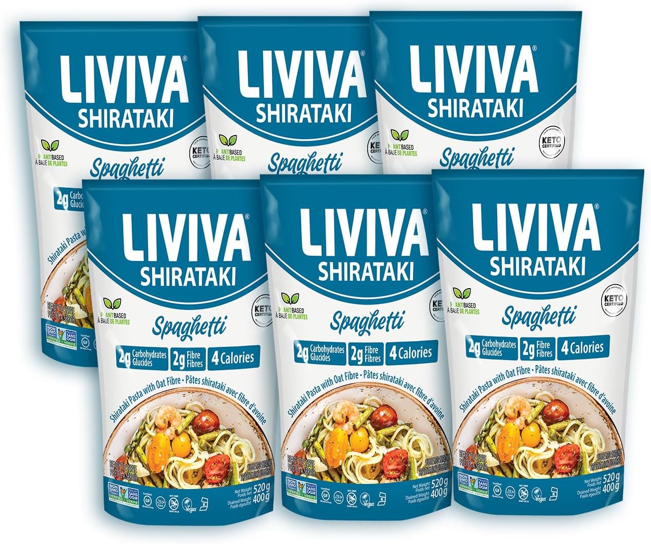 LIVIVA Shirataki Konjac Spaghetti Noodle 6 Pk (110 oz) – Diabetic-Friendly Low Carb, Low Calorie Pasta Noodles Ready to Serve – No Odor, Certified Non-GMO, Gluten Free, Vegan, Plant-Based, Keto, Kosher, Halal