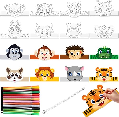 HESTYA 16 piezas de coronas de animales de la selva para niños, colorear tu propia selva diademas con bolígrafos de acuarela, coronas de papel
