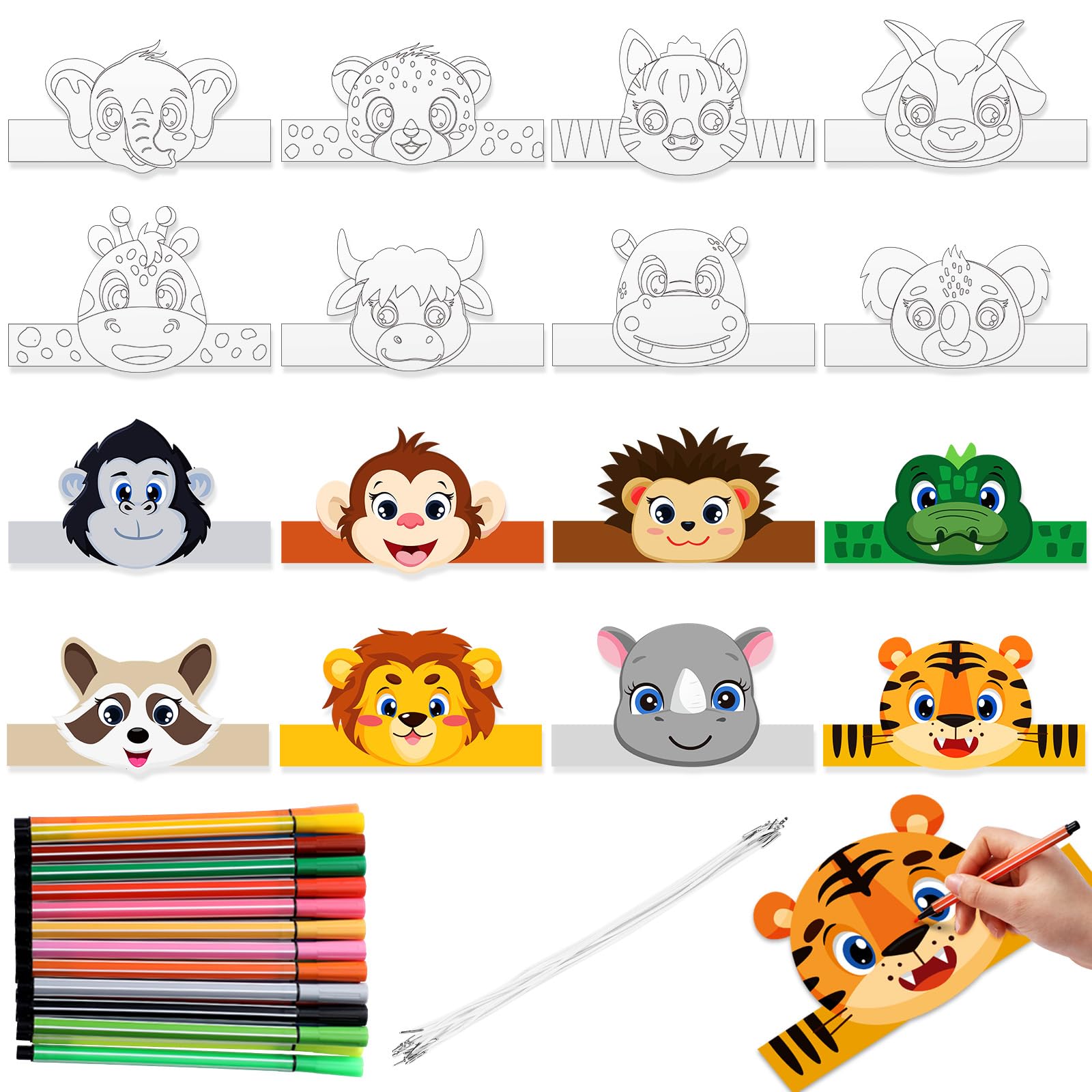 HESTYA 16 Pcs Jungle Animal Crown Craft for Kids Color Your Own Jungle Headbands with Watercolor Pens DIY Coloring Adjustable Paper Crowns Hats for Kids School Activities Safari Party Favors Supplies