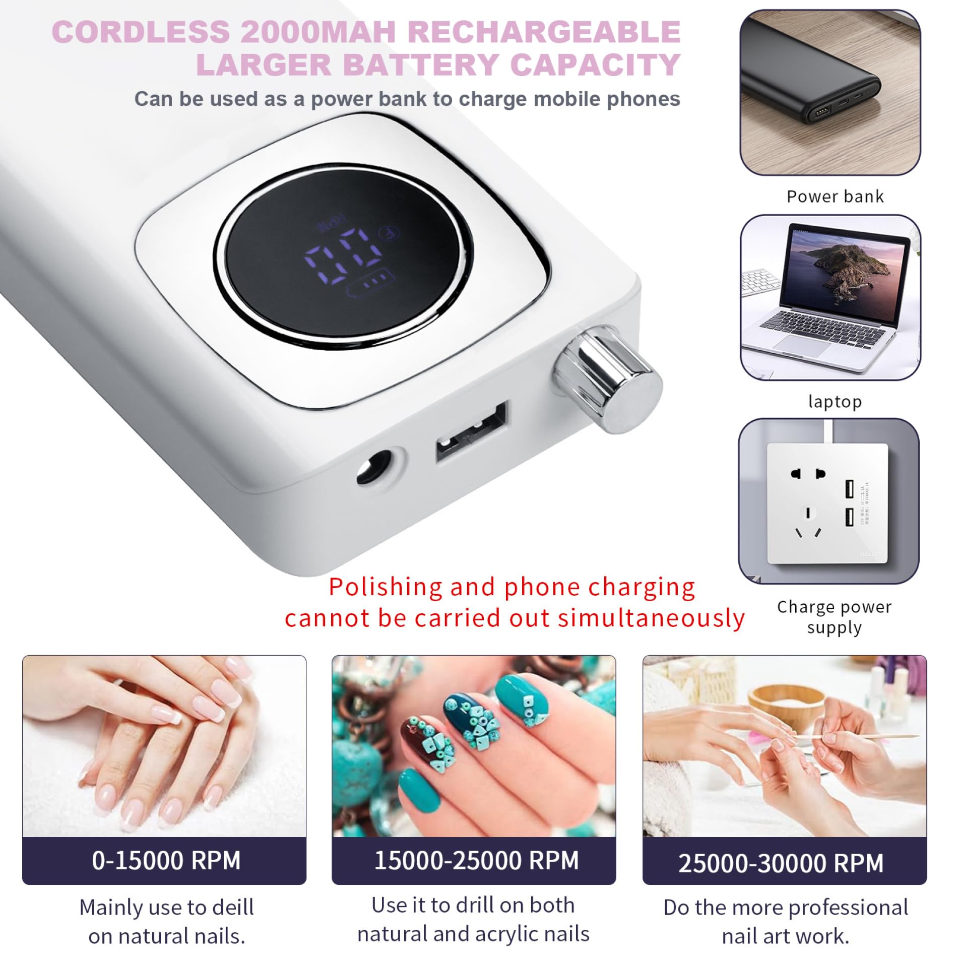 Taladro de uñas recargable, manicura eléctrica de 45000 rpm con máquina de archivos de pantalla LCD para manicuras de uñas de geles acrílicos.