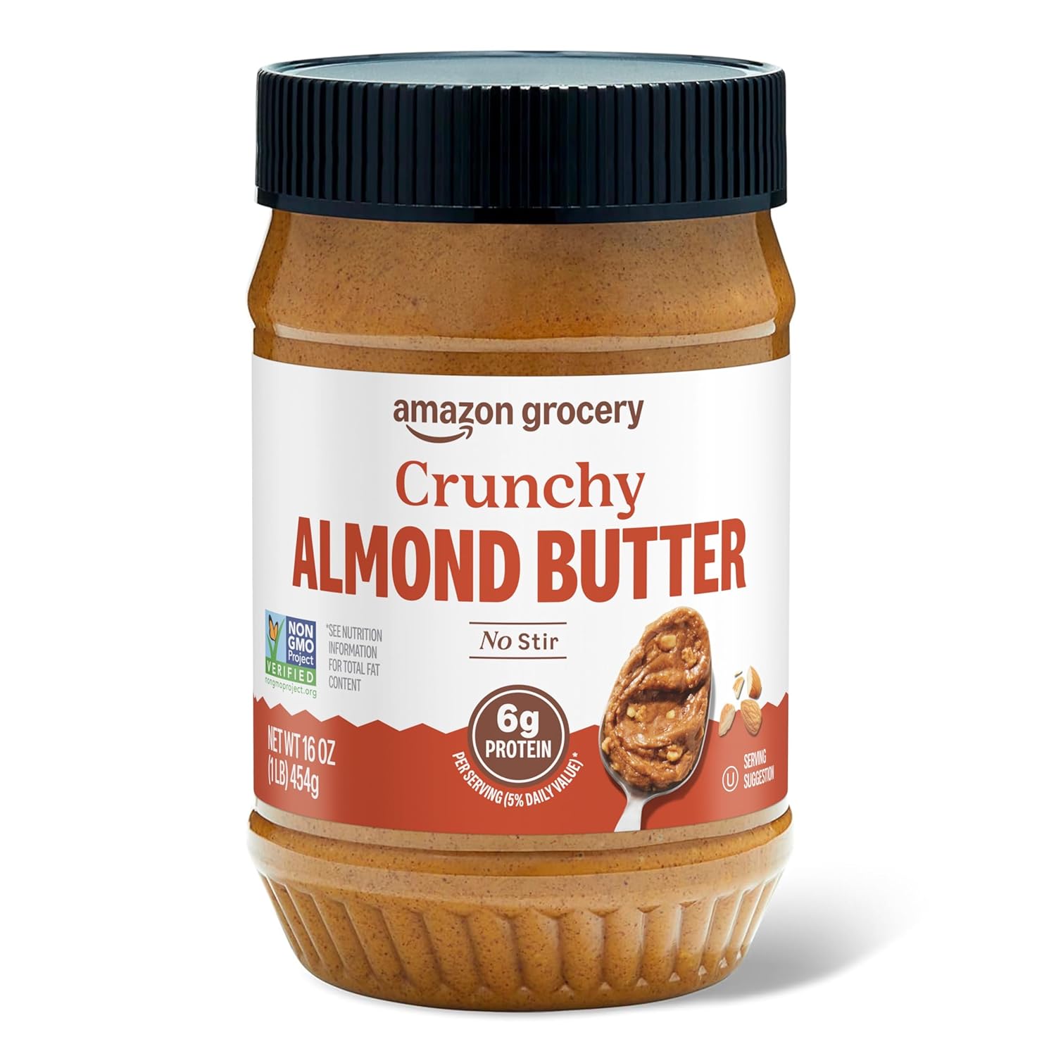 Amazon Grocery Crunchy Almond Butter 16 oz Jar - Thick No-Stir Texture, Delicious Crunchy Spread