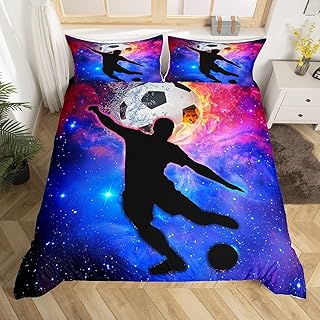 Boys Soccer Bedding Set Football Decor Duvet Cover for Kids Teens Adults Bedroom Decor, Sports Games Theme Comforter Cover Twin Size, Starry Sky Galaxy Bed Set with 1 Pillowcase, Zipper Closure
