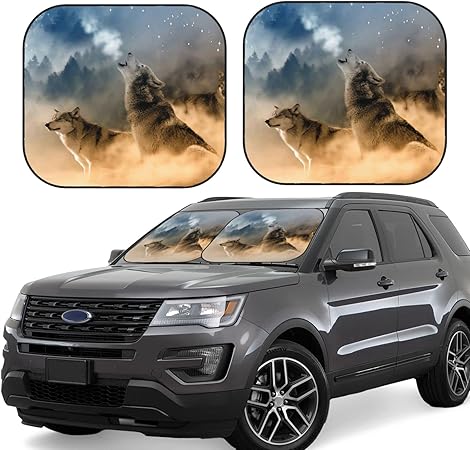 Amazon 車用サンシェード フロントガラス用 サンシェード 狼 吠え 車のフロント ガラスのサンシェード 車のガラスカバー フロントガラス 日除けシェード 車フロントカバー 遮光 断熱 Uvカット 簡単取付 折り畳み式 収納袋付き 軽自動車 小型乗用車 Suv車に適用 2枚